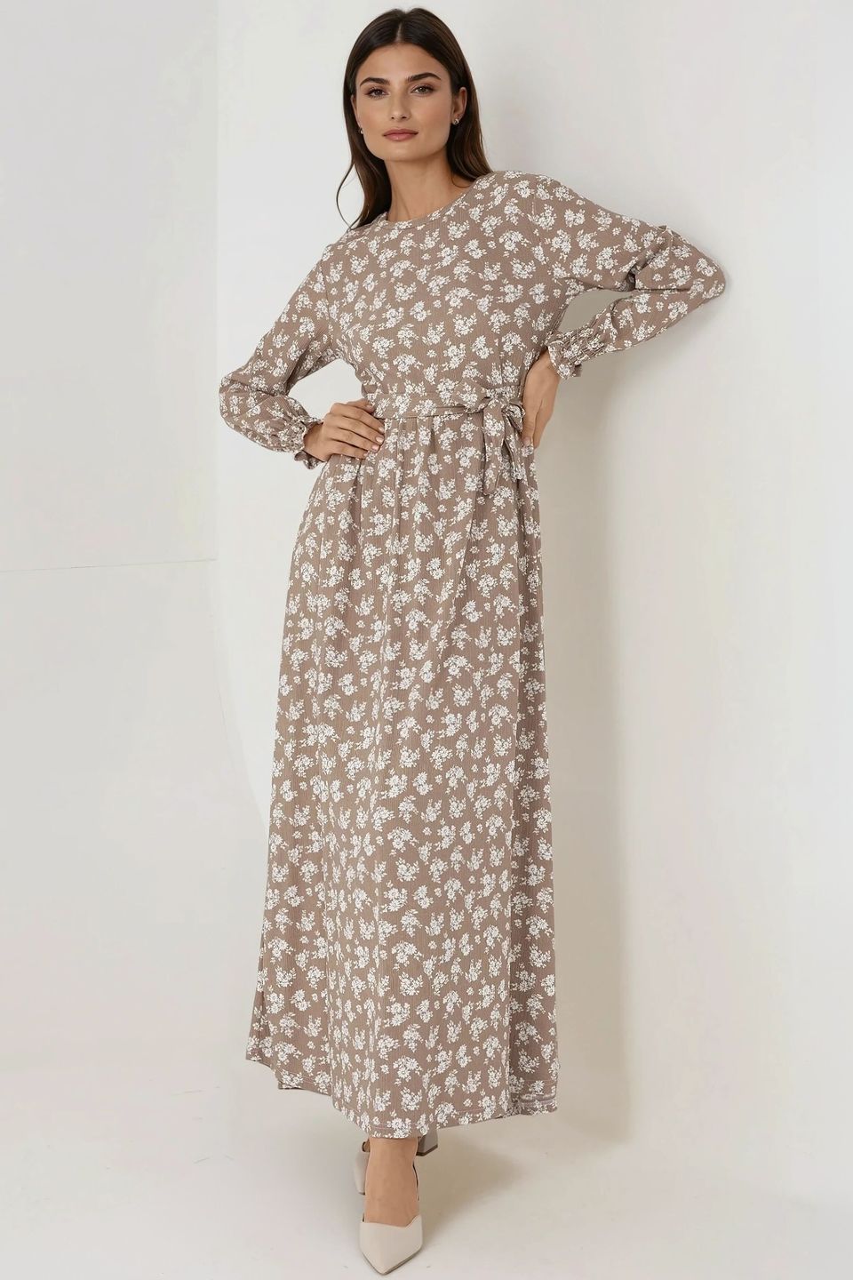 Floral Print Long Sleeve Maxi Dress with Belt