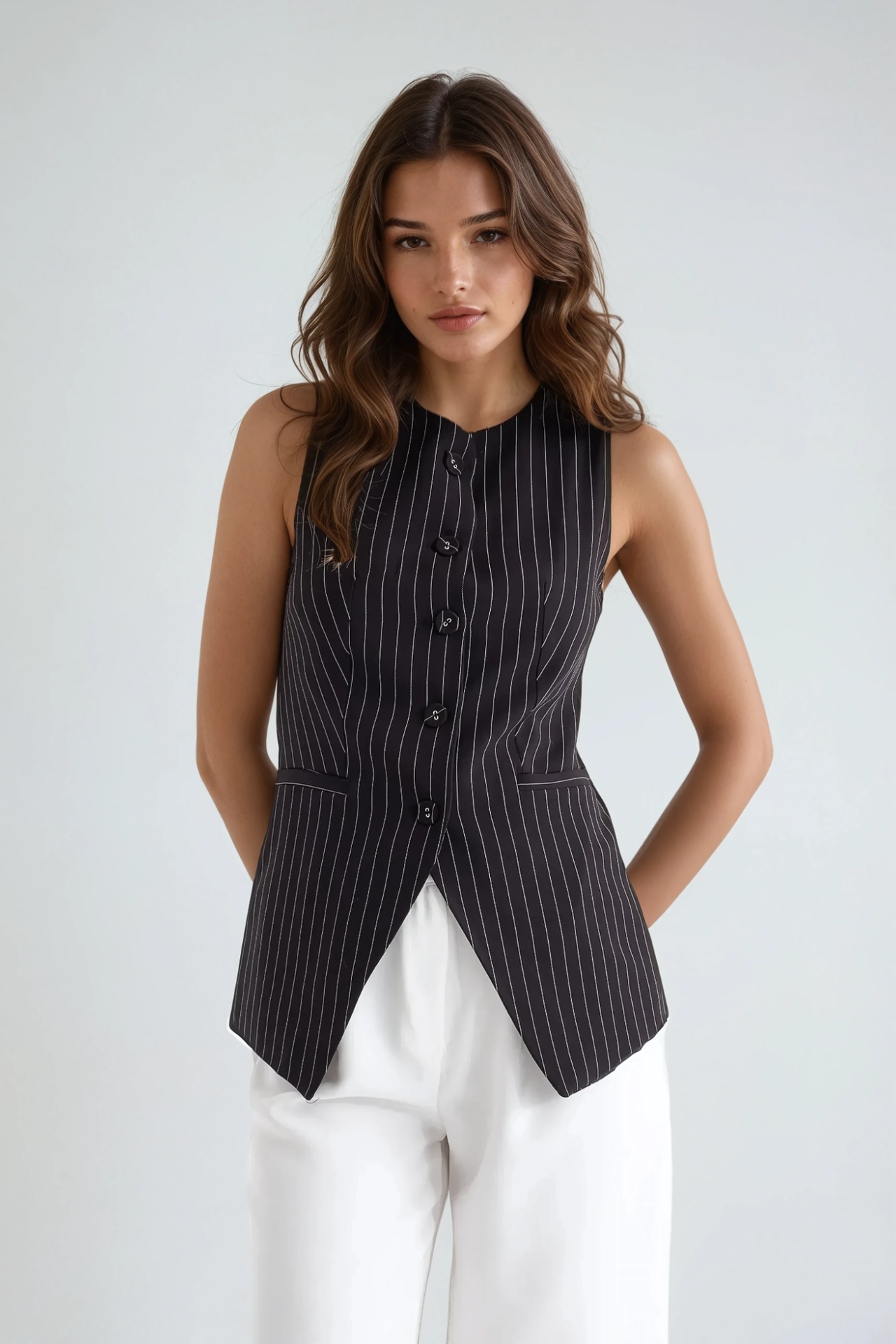 Striped Crew Neck Buttoned Vest