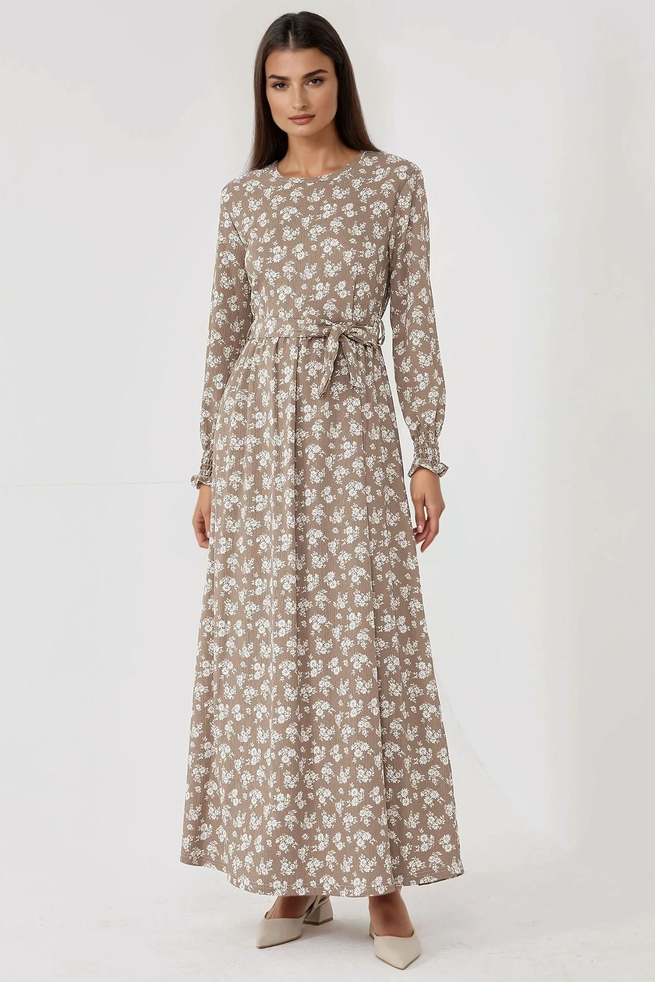 Floral Print Long Sleeve Maxi Dress with Belt