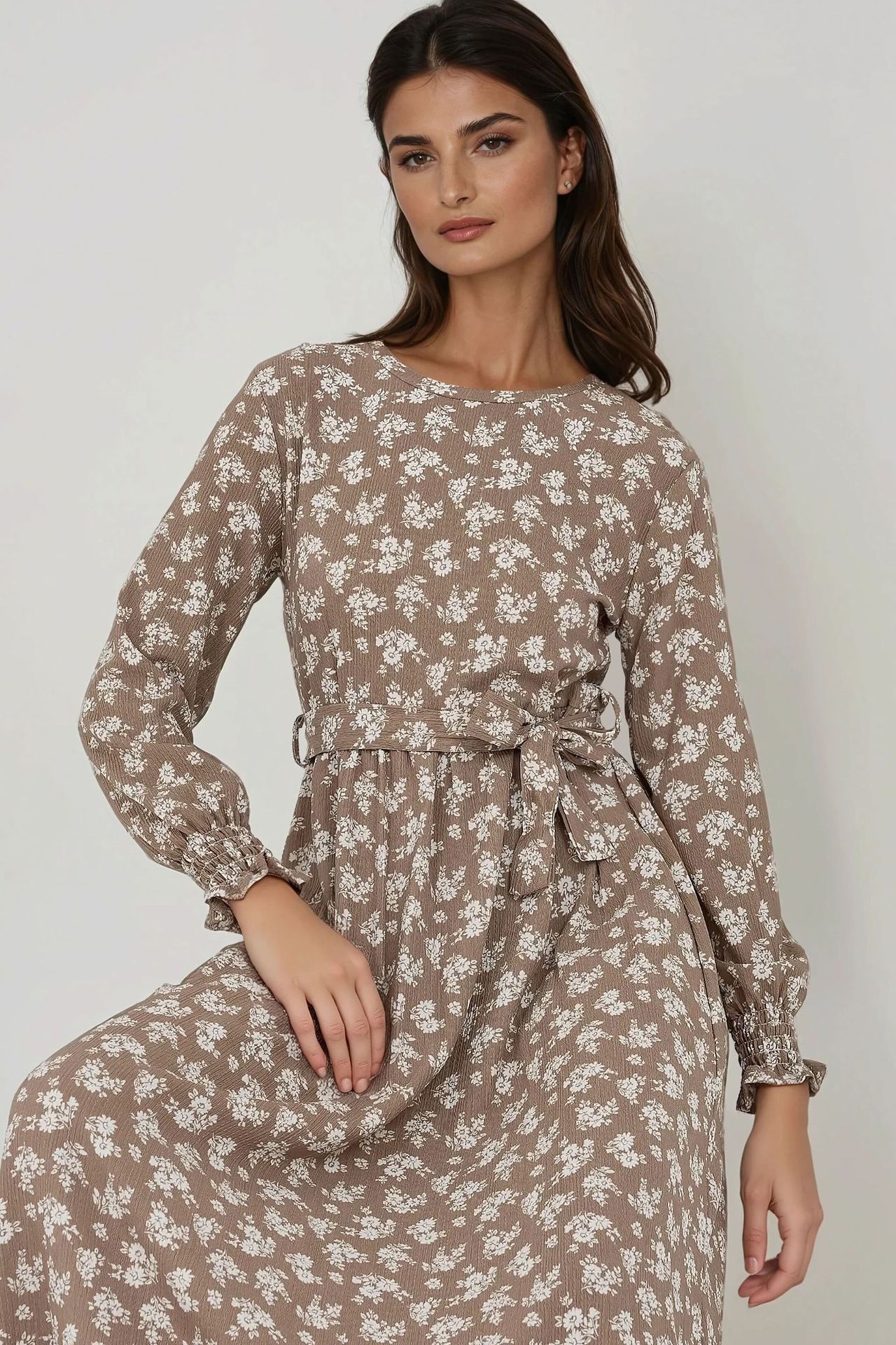 Floral Print Long Sleeve Maxi Dress with Belt