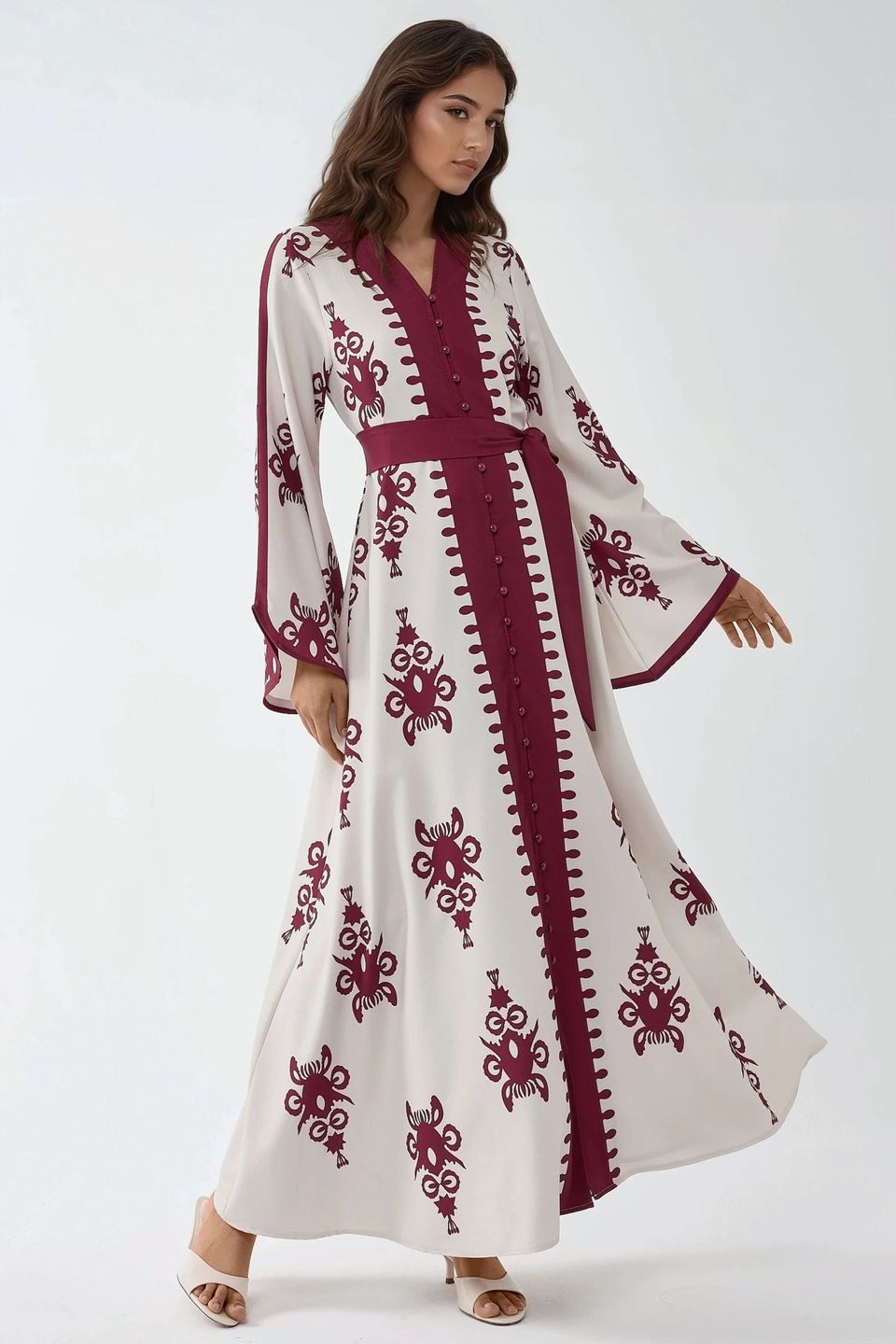 Printed Crew Neck Maxi Dress with Arched Detail