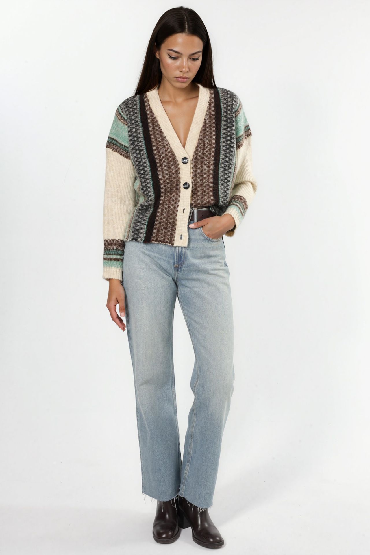 Oversized Soft Touch Patterned V-Neck Knit Cardigan 4