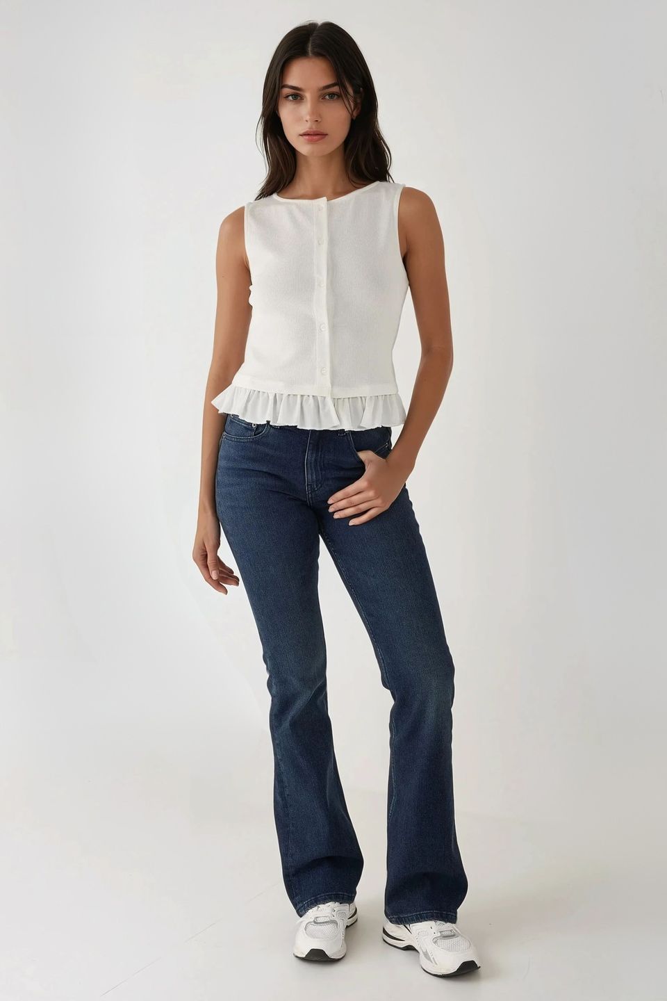 Textured Crew Neck Blouse with Ruffle Detail