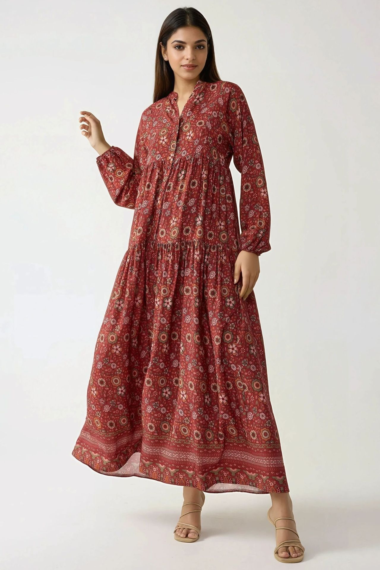 Printed V-Neck Maxi Dress with Buttons