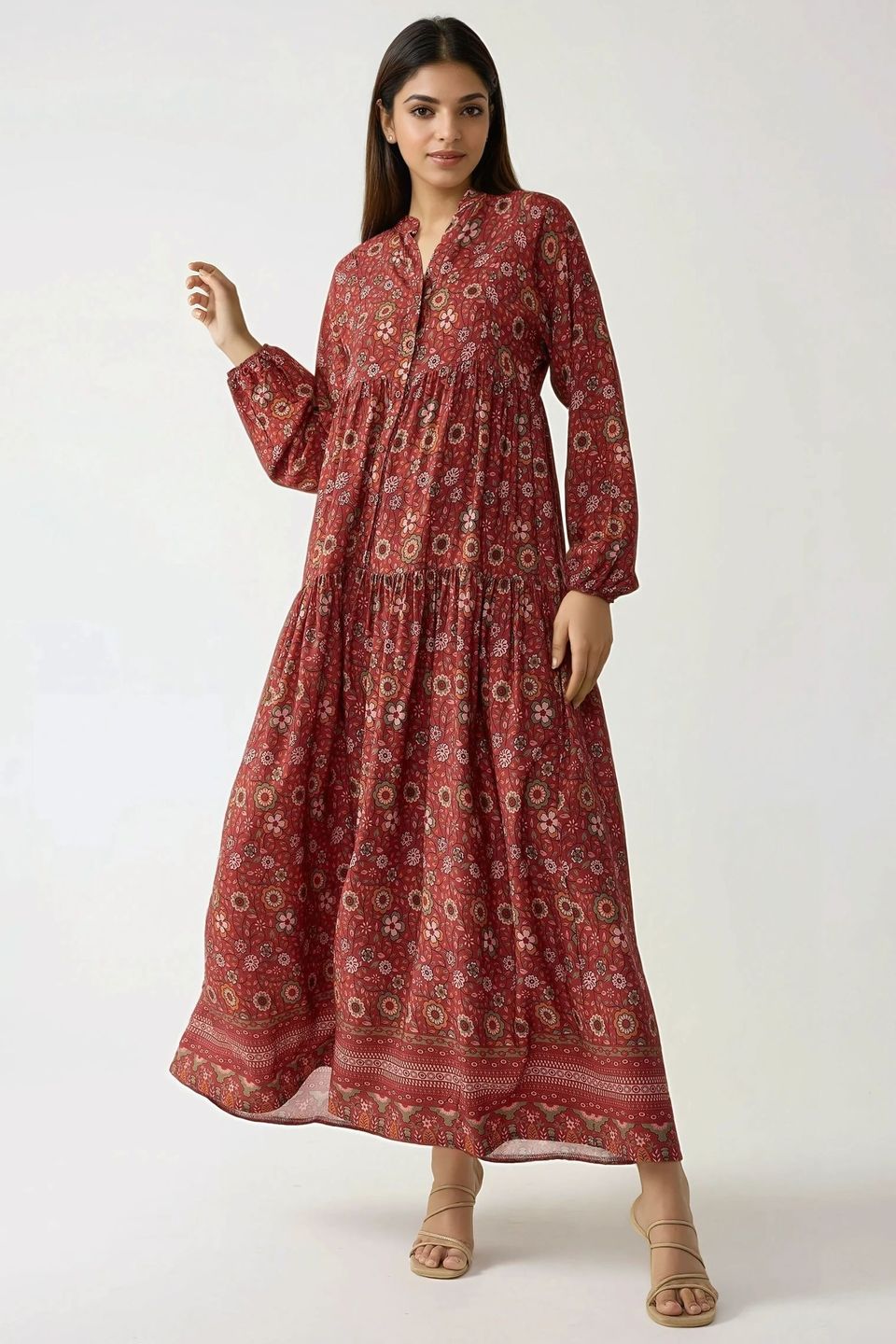 Printed V-Neck Maxi Dress with Buttons