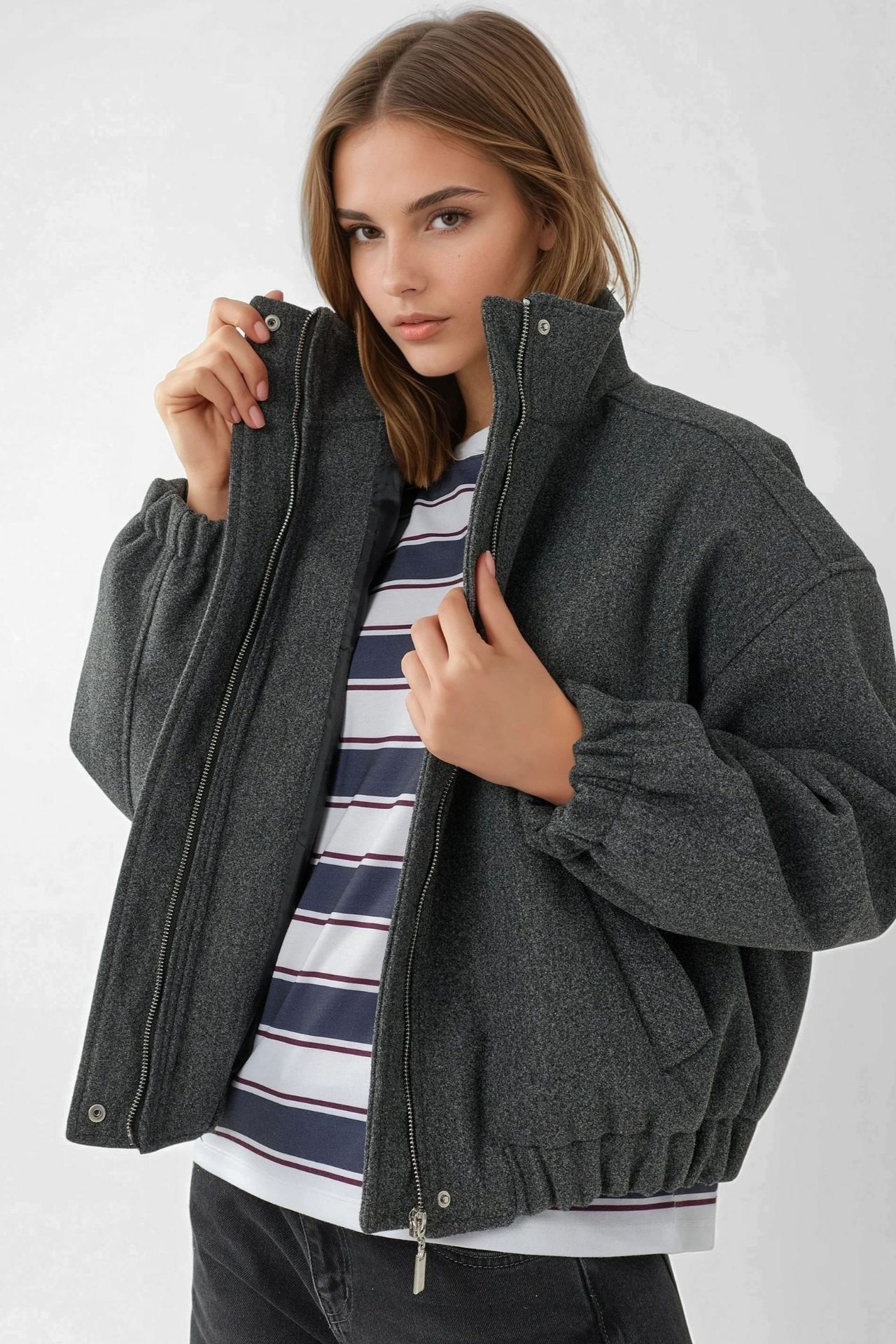 Oversized Turtleneck Textured Jacket 5