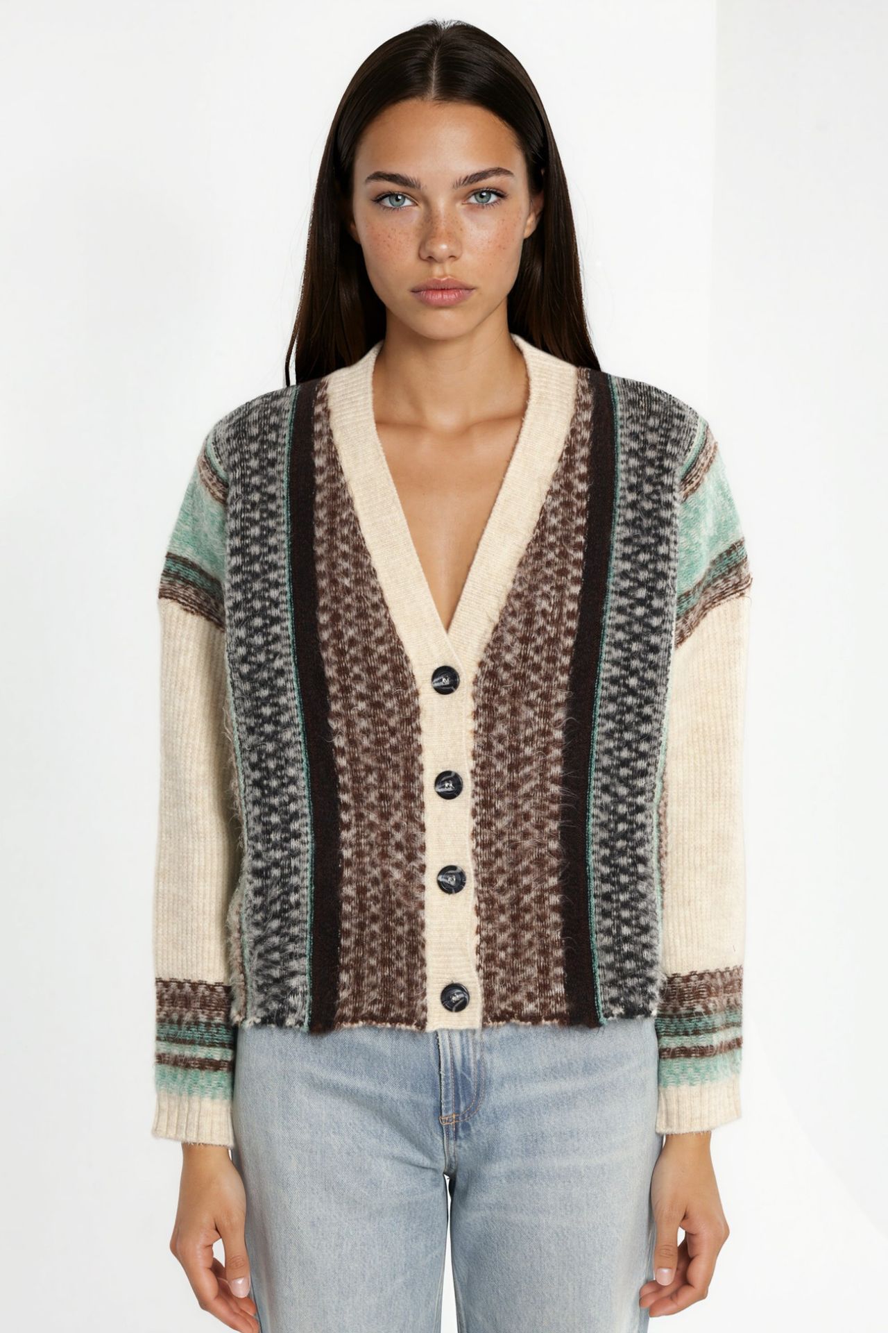 Oversized Soft Touch Patterned V-Neck Knit Cardigan 6