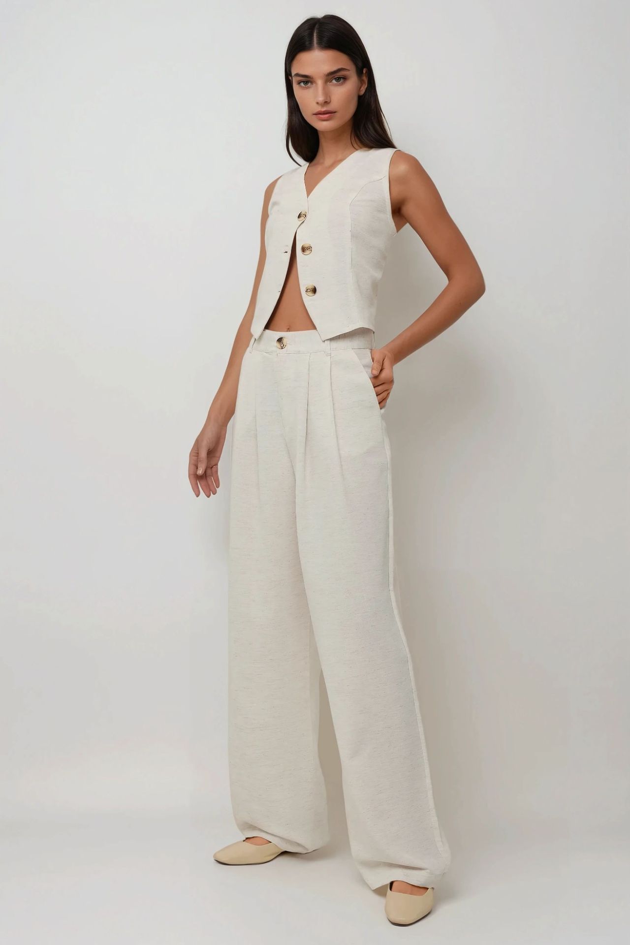 Linen Feel Wide Leg Pleated Pants