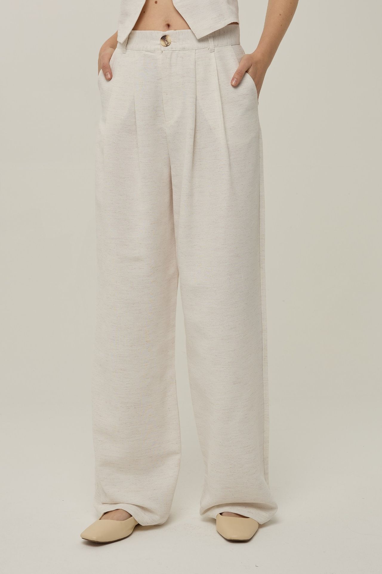 Linen Feel Wide Leg Pleated Pants