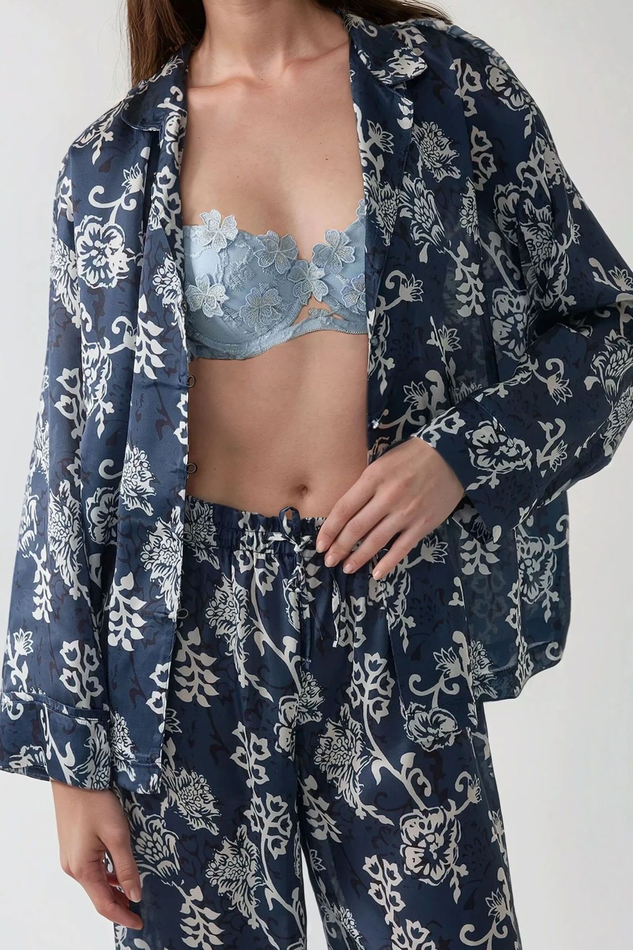 Printed Satin Pajama Set with Shirt Collar