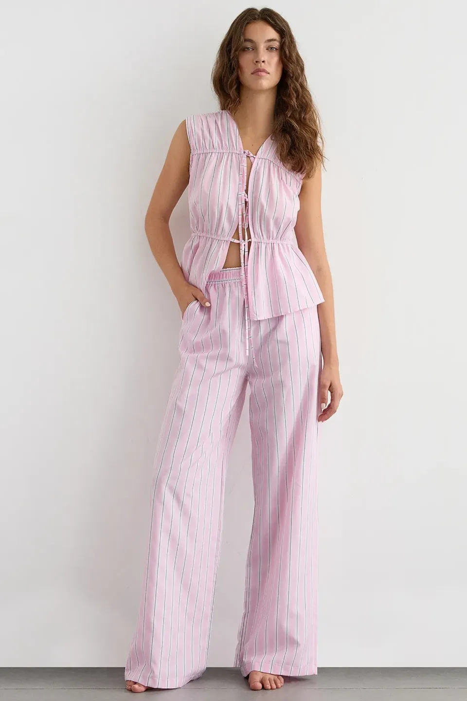 Wide Leg Striped Pants with Elastic Waist