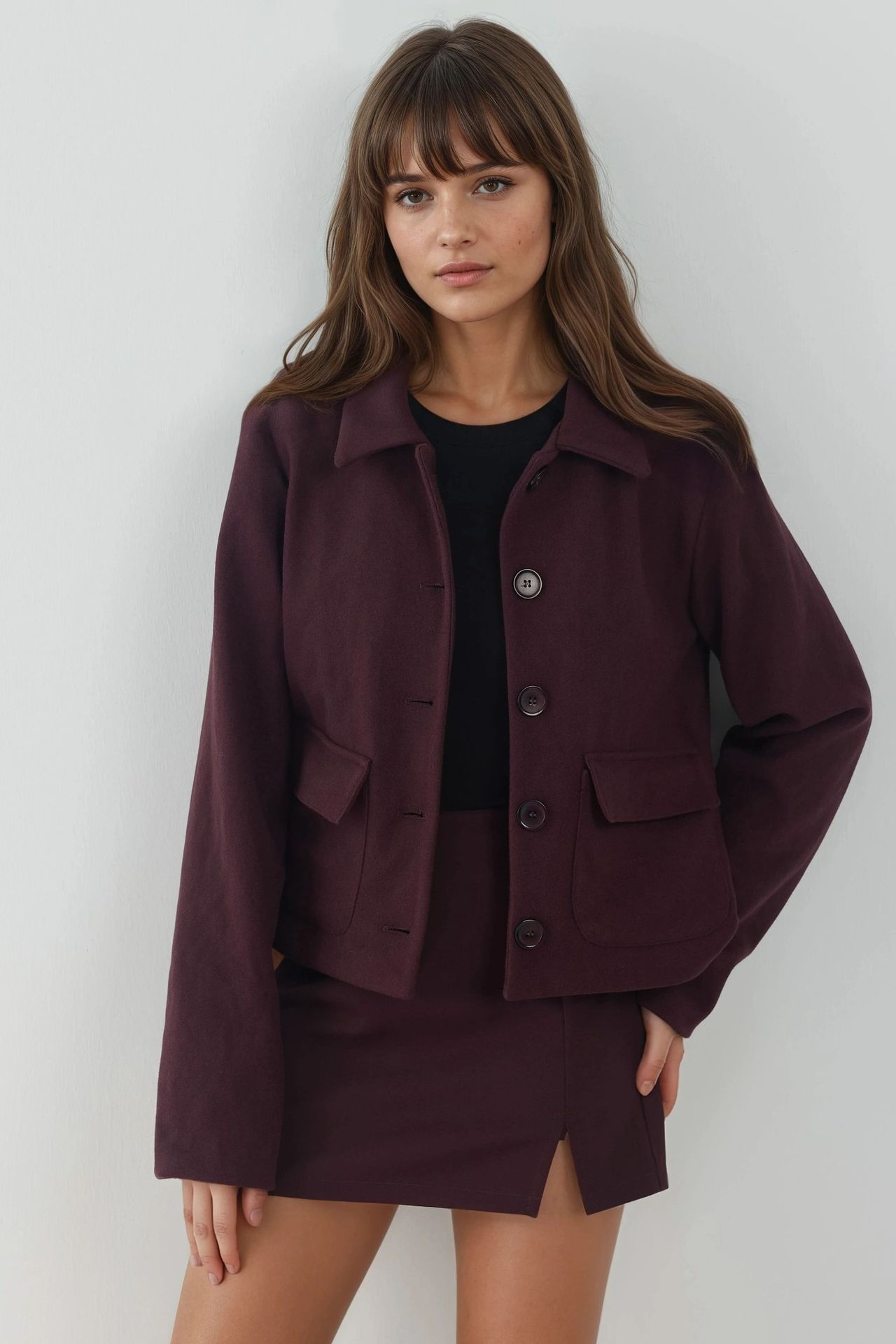 Buttoned Textured Jacket with Pockets