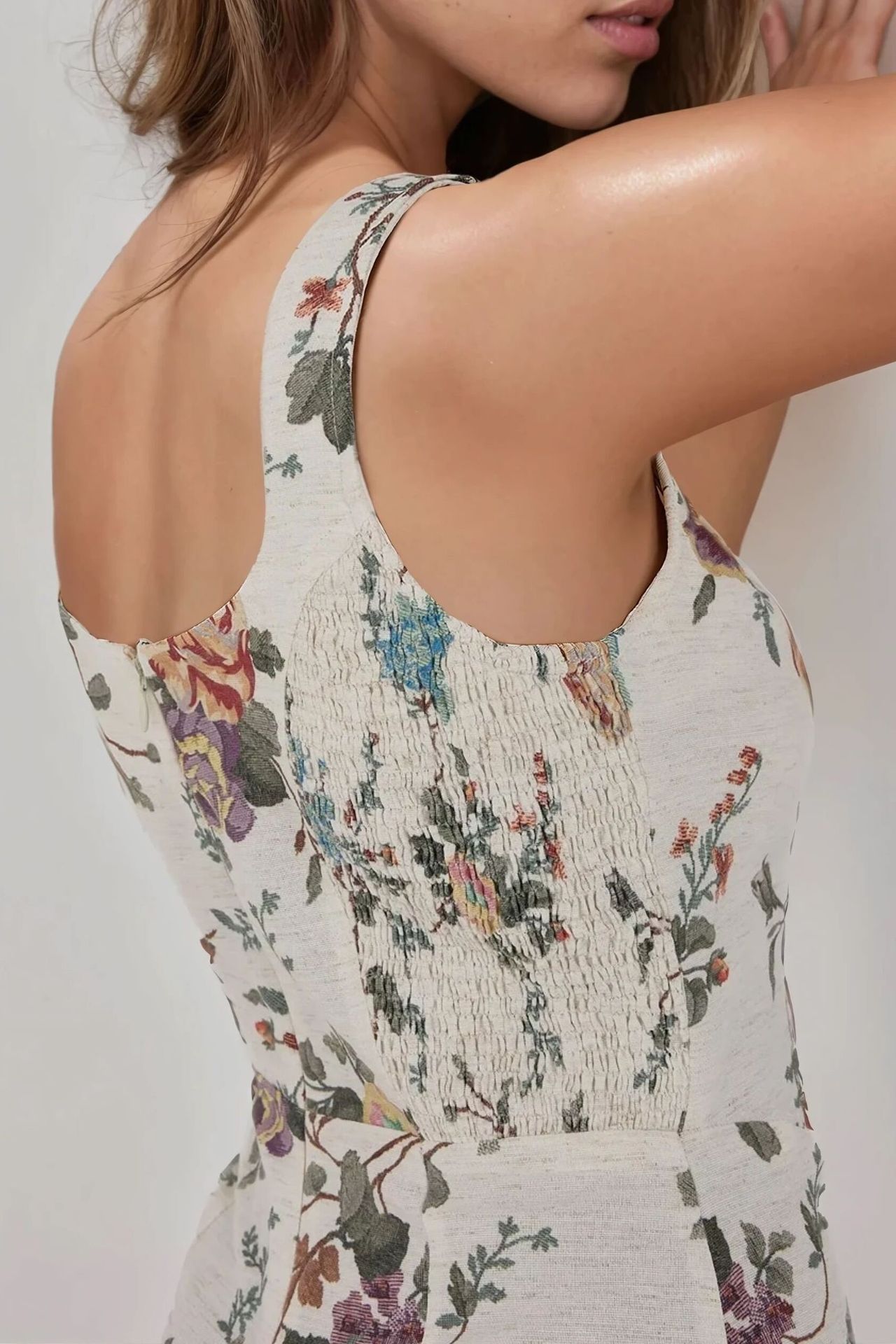 Square Neck Flower Pattern Linen Feel Mini Dress