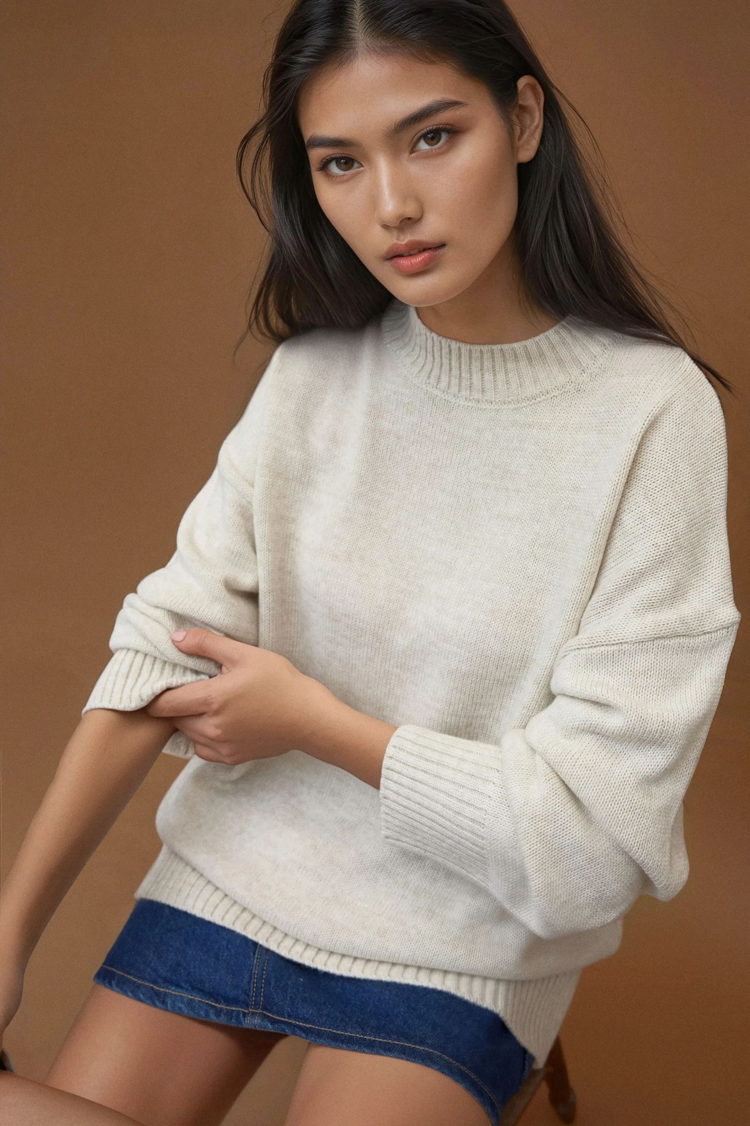 HiCCUP - Stone Natural Thick Knit Crew Neck Long Sweater Women