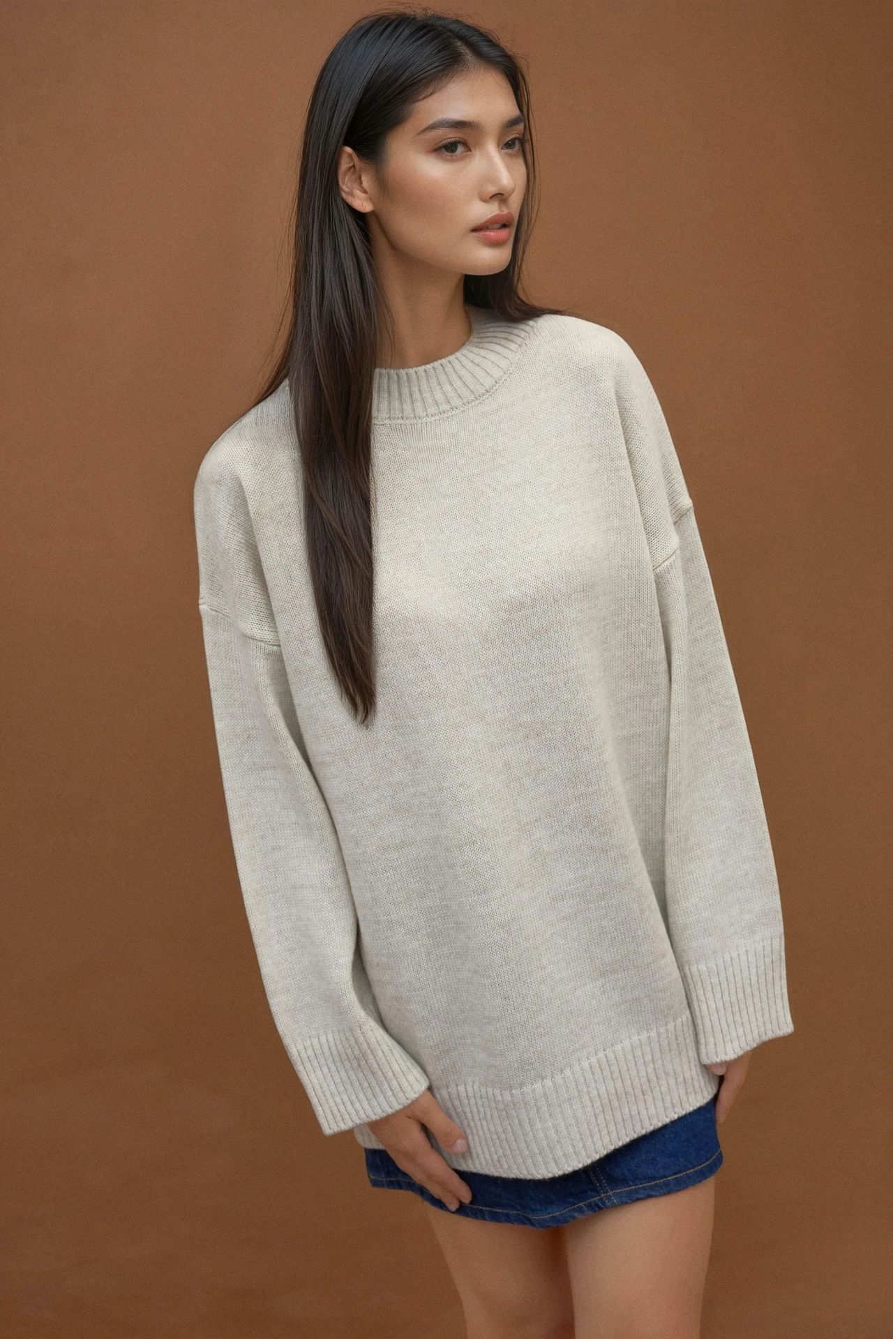 Thick Knit Crew Neck Long Sweater 4