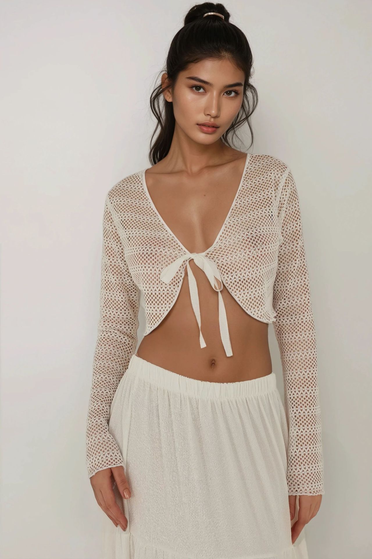 Openwork V-Neck Long Sleeve Crop Top