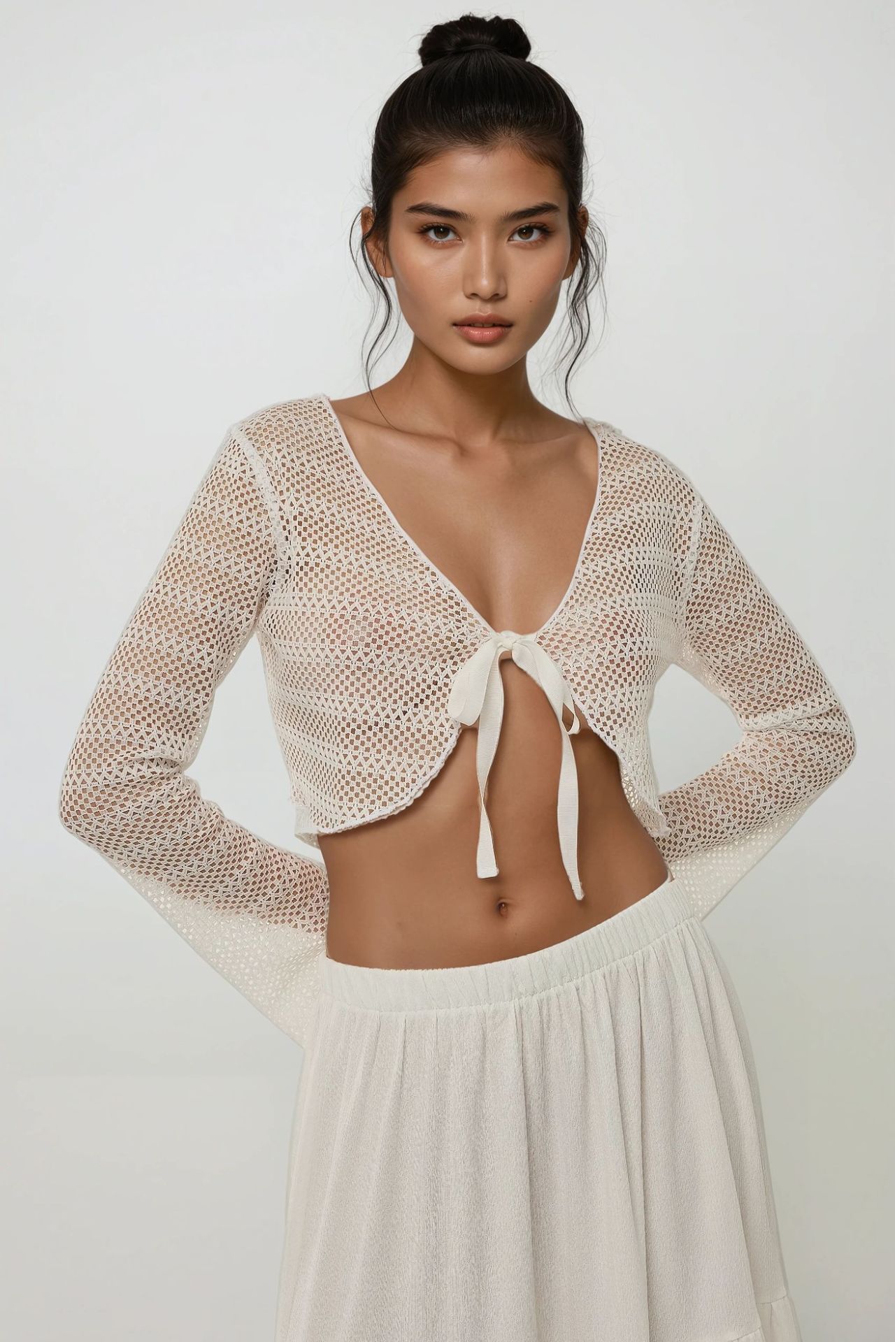 Openwork V-Neck Long Sleeve Crop Top