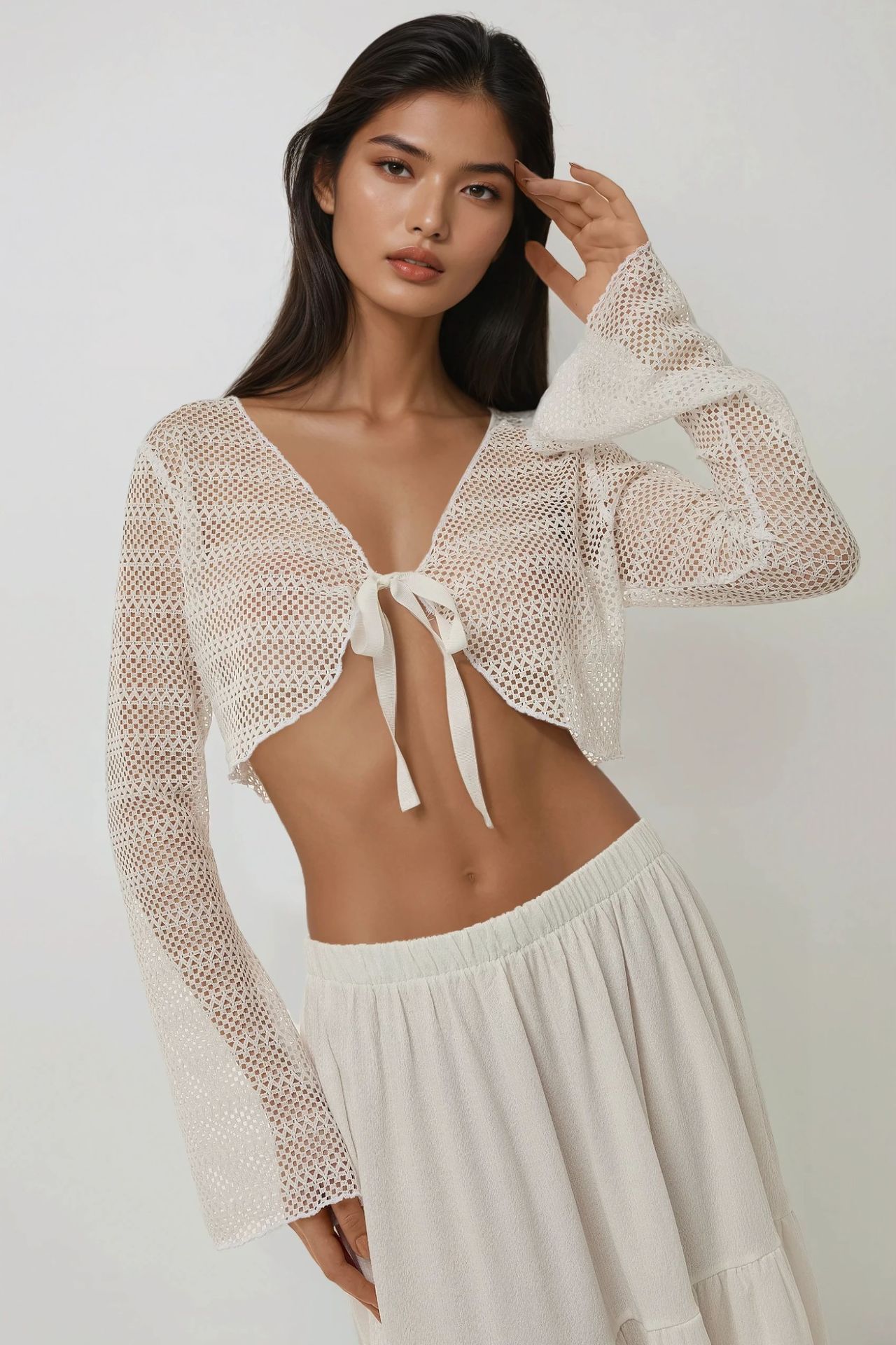 Openwork V-Neck Long Sleeve Crop Top