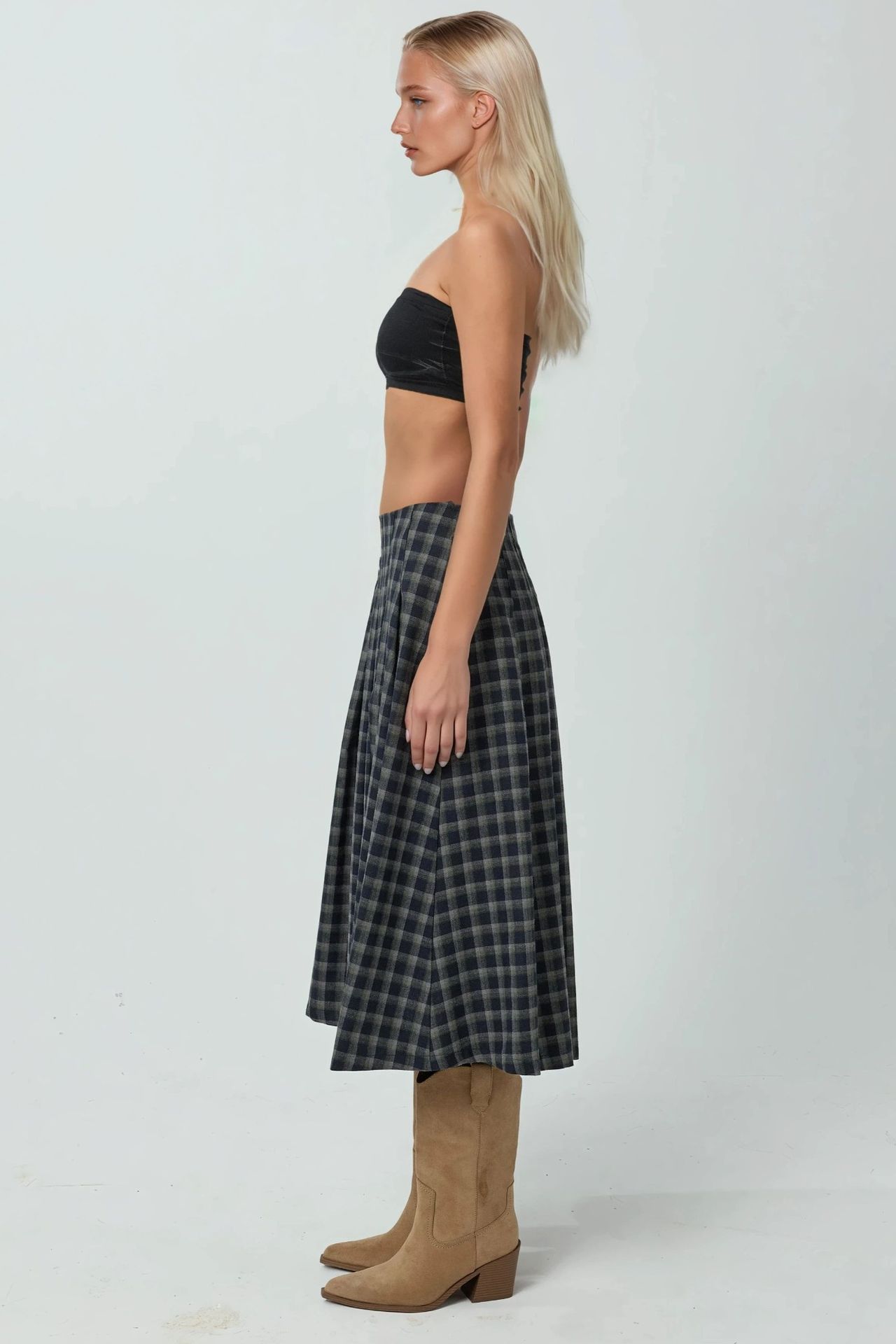 High Waist Midi Skirt with Slit in Plaid Pattern