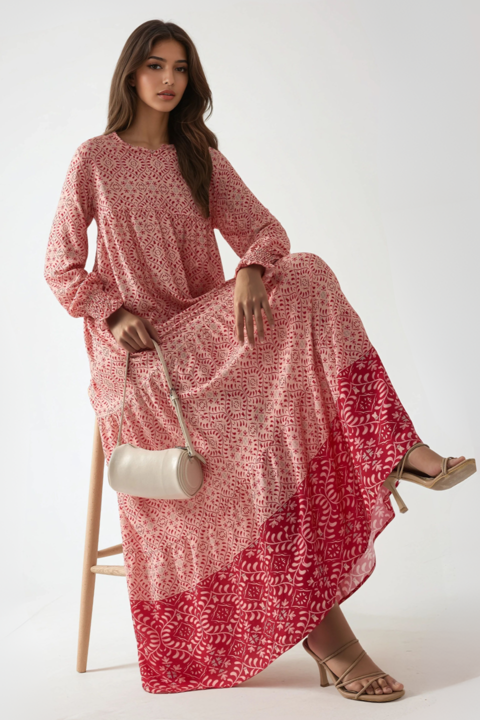 Printed Viscose Maxi Dress with Crew Neck