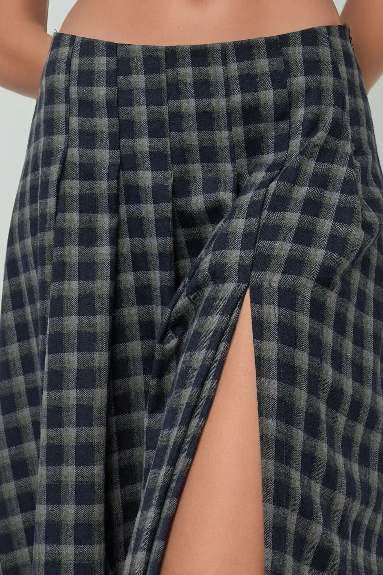 High Waist Midi Skirt with Slit in Plaid Pattern
