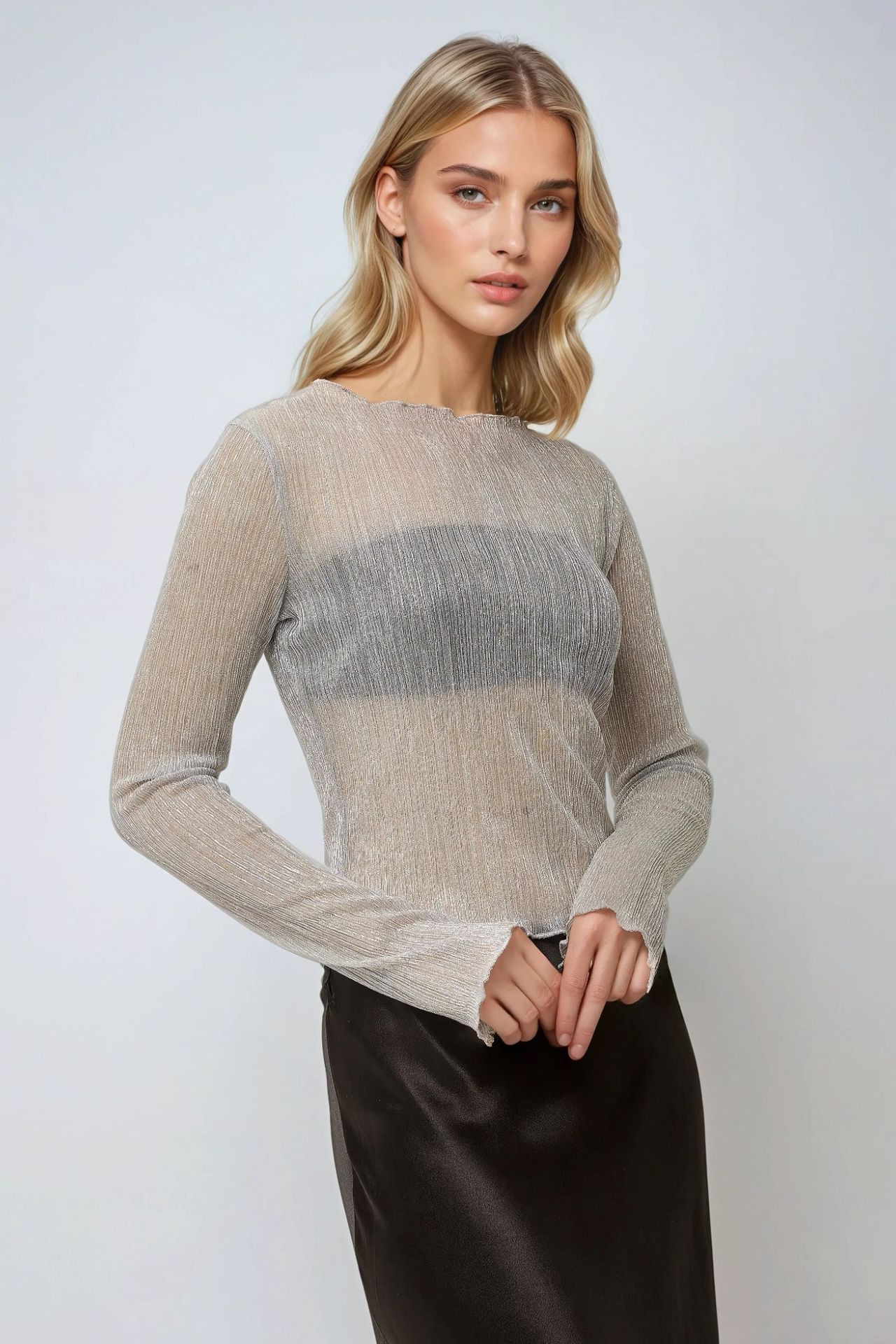 Textured Crew Neck Glitter Fitted Blouse