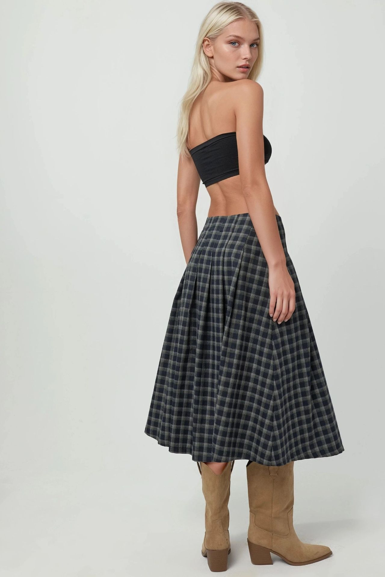 High Waist Midi Skirt with Slit in Plaid Pattern
