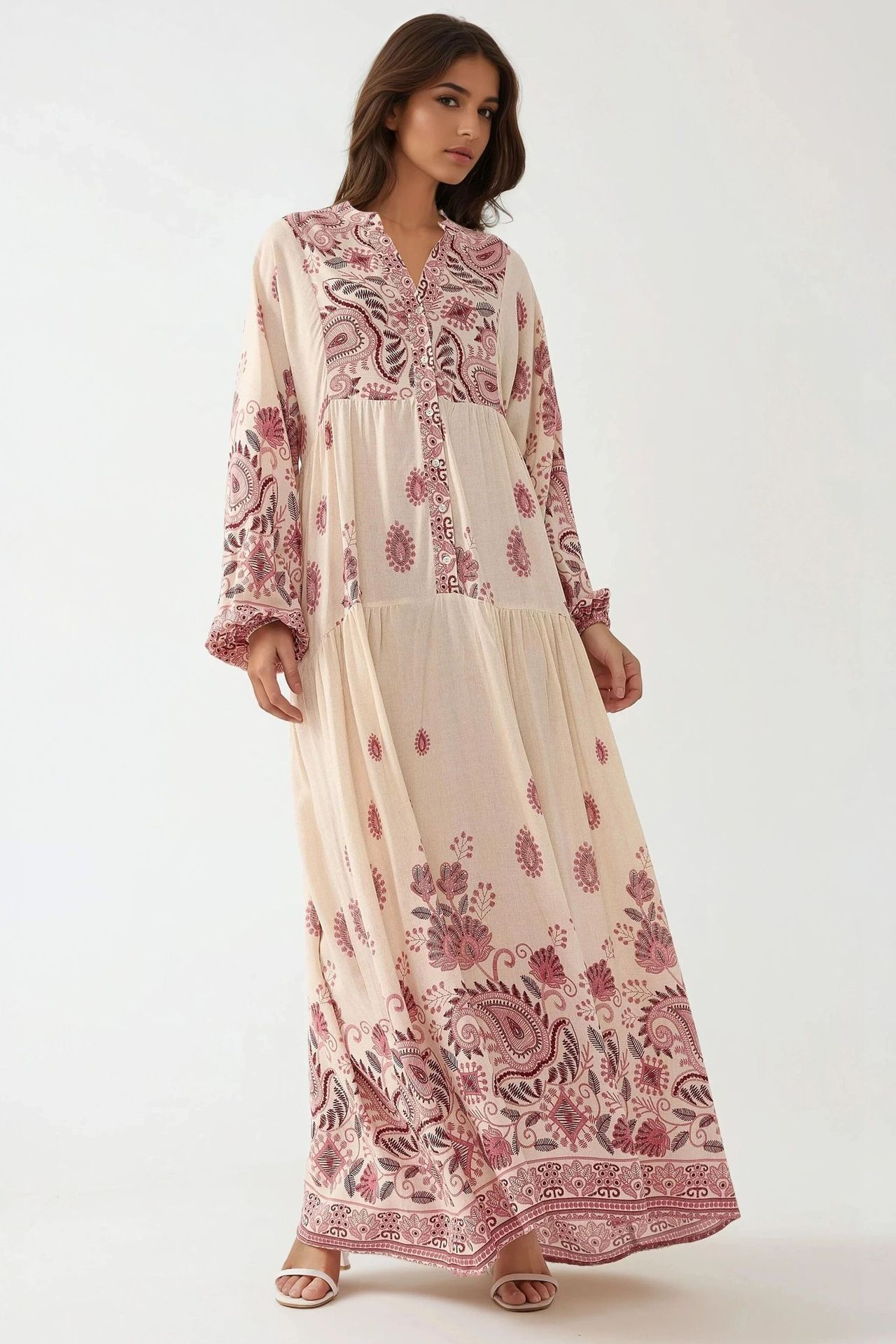 Printed V-neck Maxi Dress with Button Detail 6