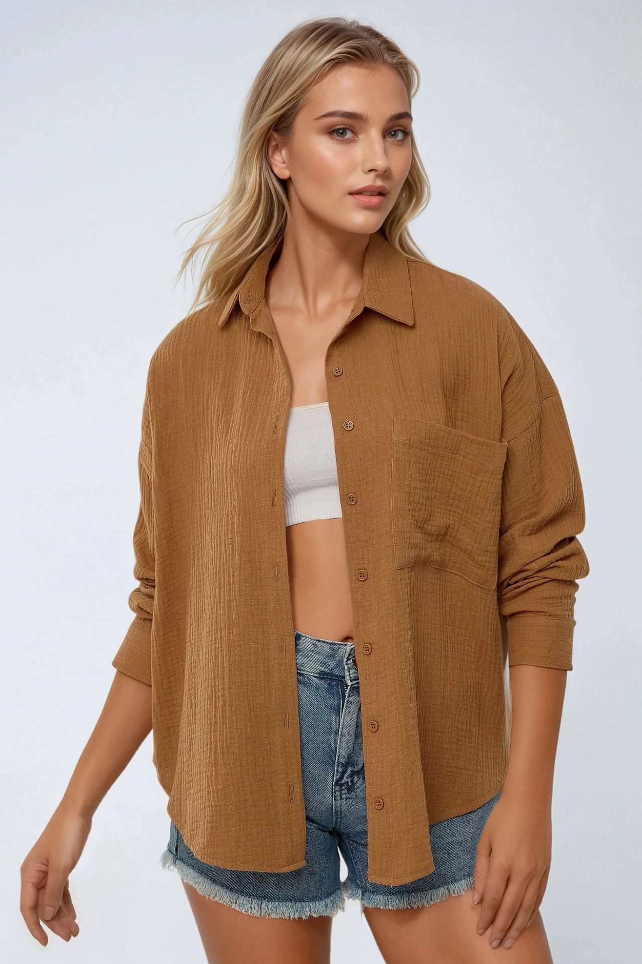 Oversized Cotton Shirt with Pocket Detail