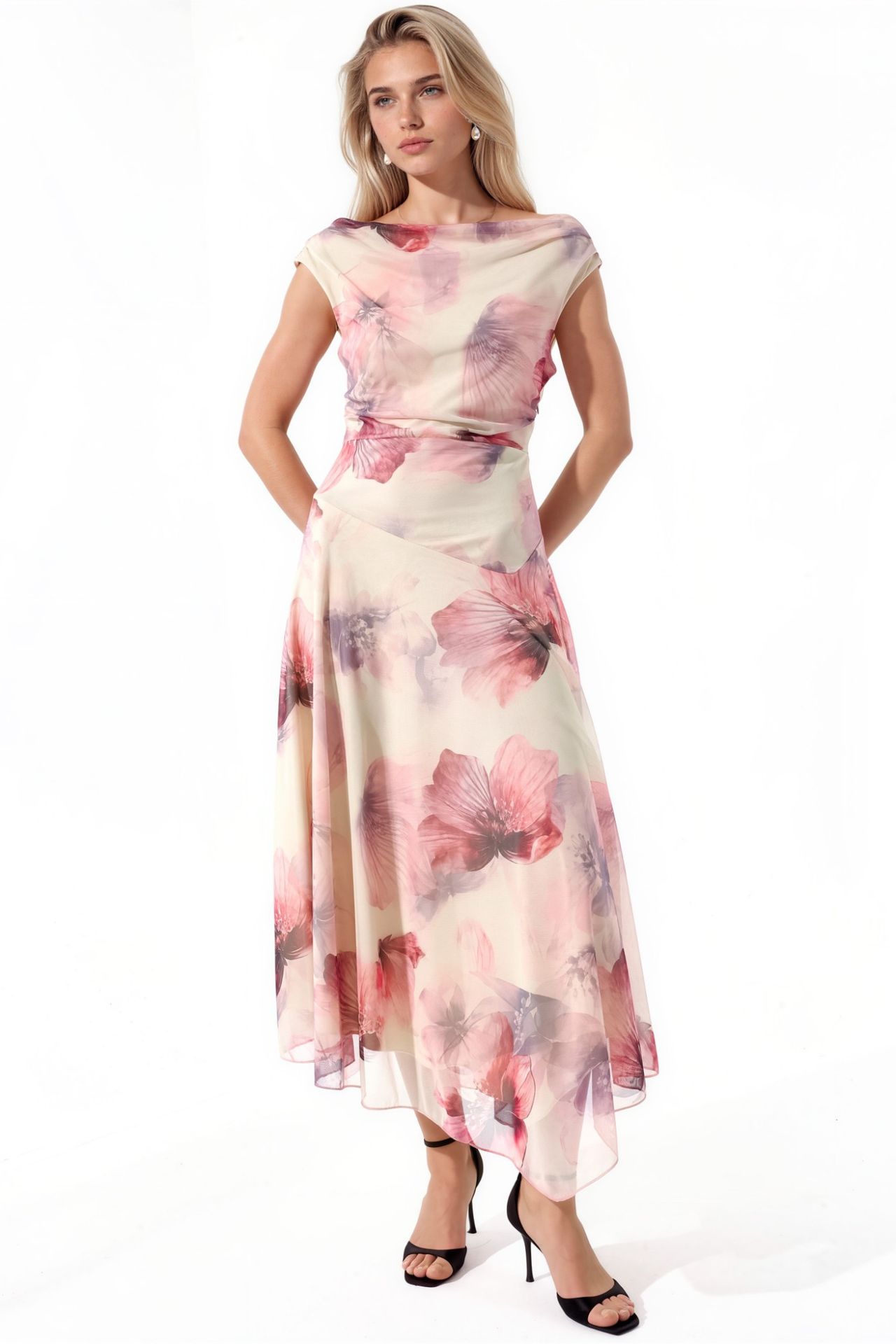 Floral A-Line Midi Dress with Asymmetrical Collar 6