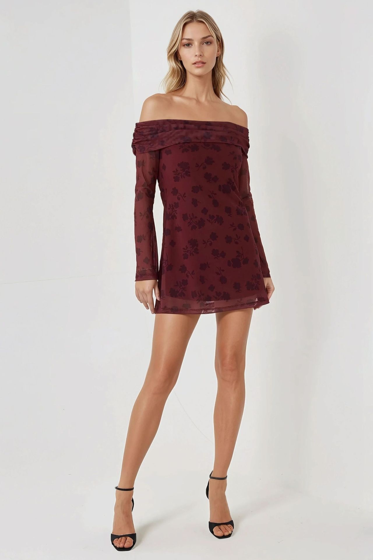 Off-Shoulder Bodycon Mini Dress with Floral Pattern