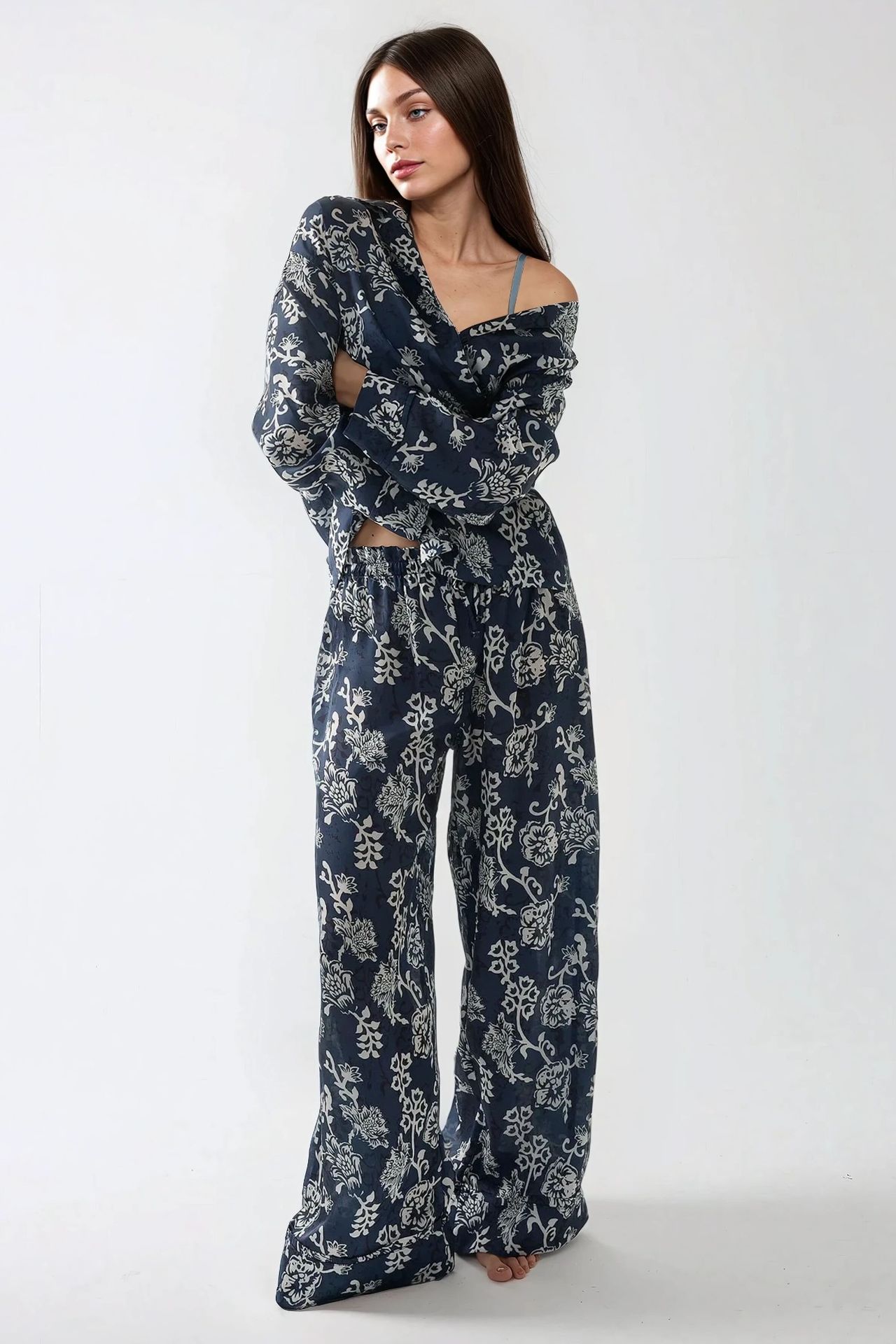 Printed Satin Pajama Set with Shirt Collar