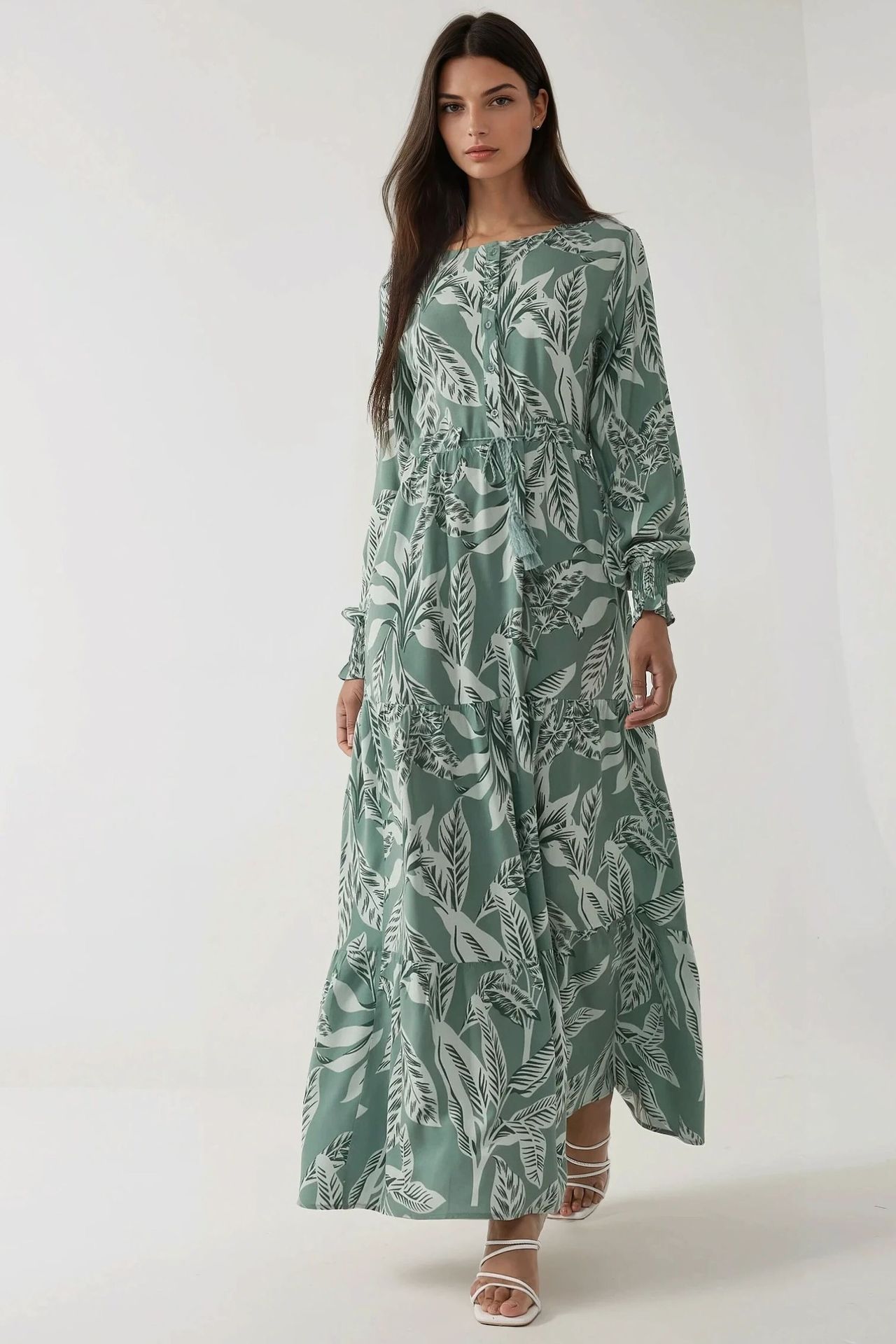 Printed Long Sleeve Viscose Maxi Dress 