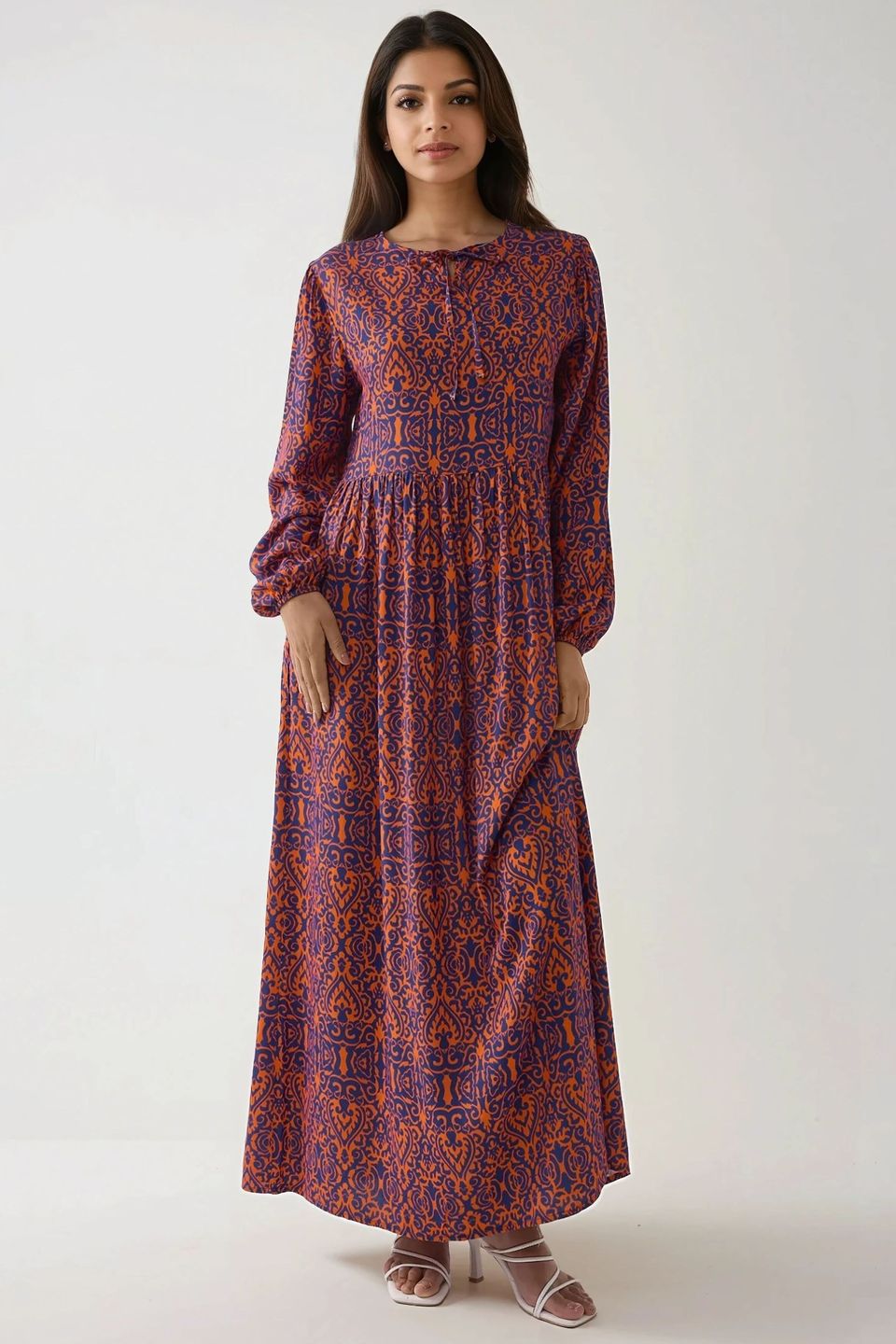 Printed A-Form Maxi Dress with Crew Neck