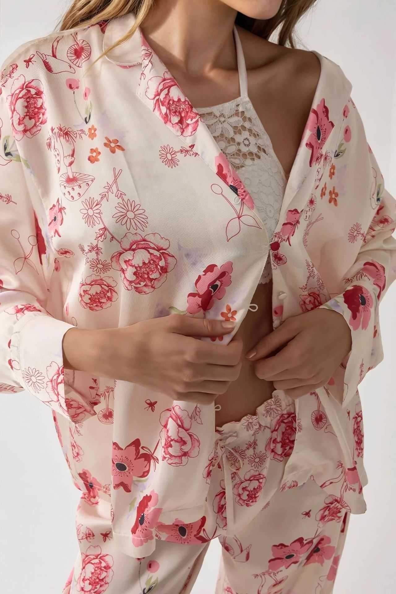 Printed Satin Pajama Set with Shirt Collar
