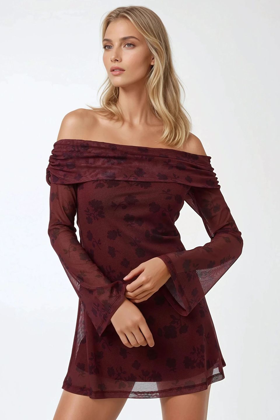 Off-Shoulder Bodycon Mini Dress with Floral Pattern