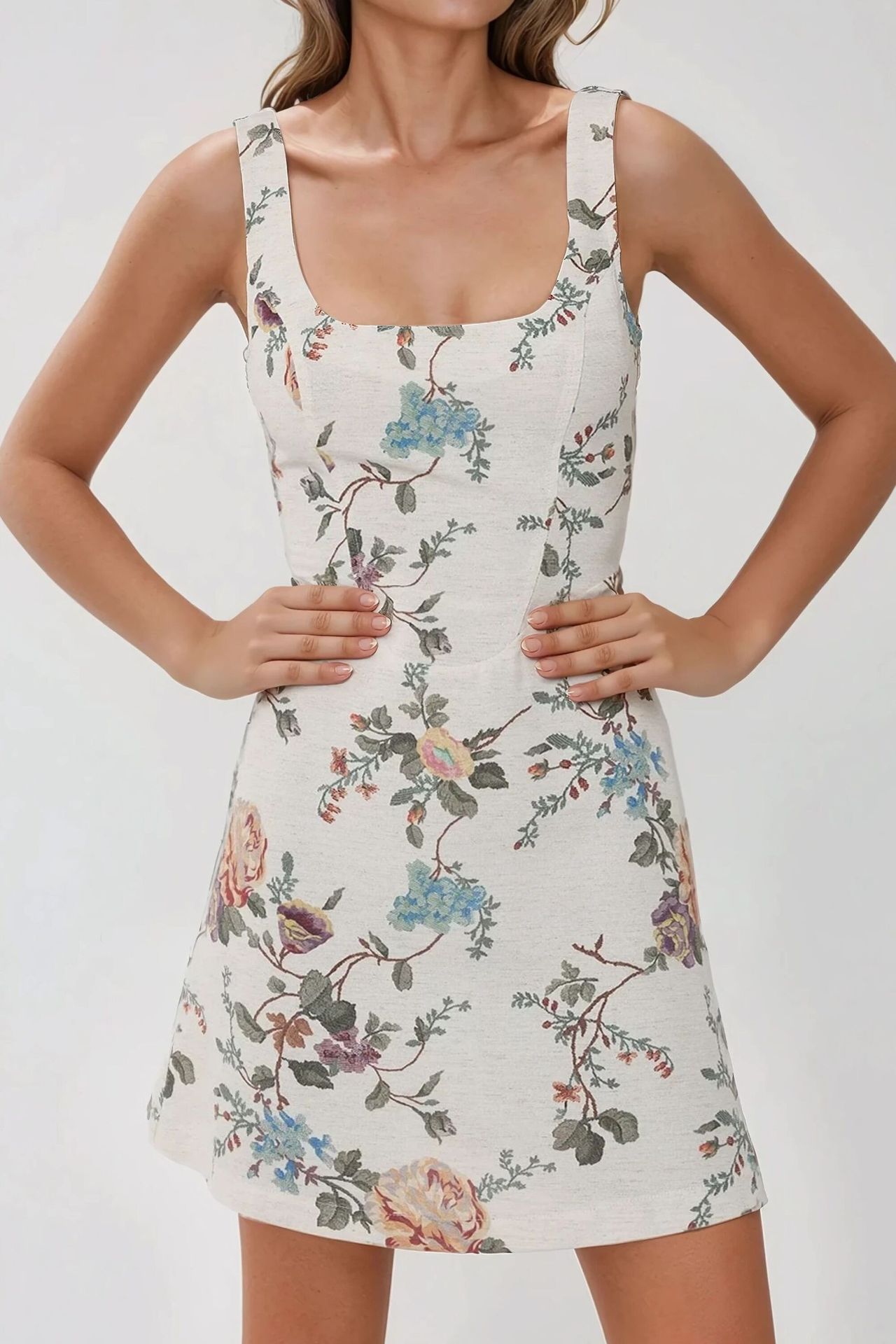 Square Neck Flower Pattern Linen Feel Mini Dress