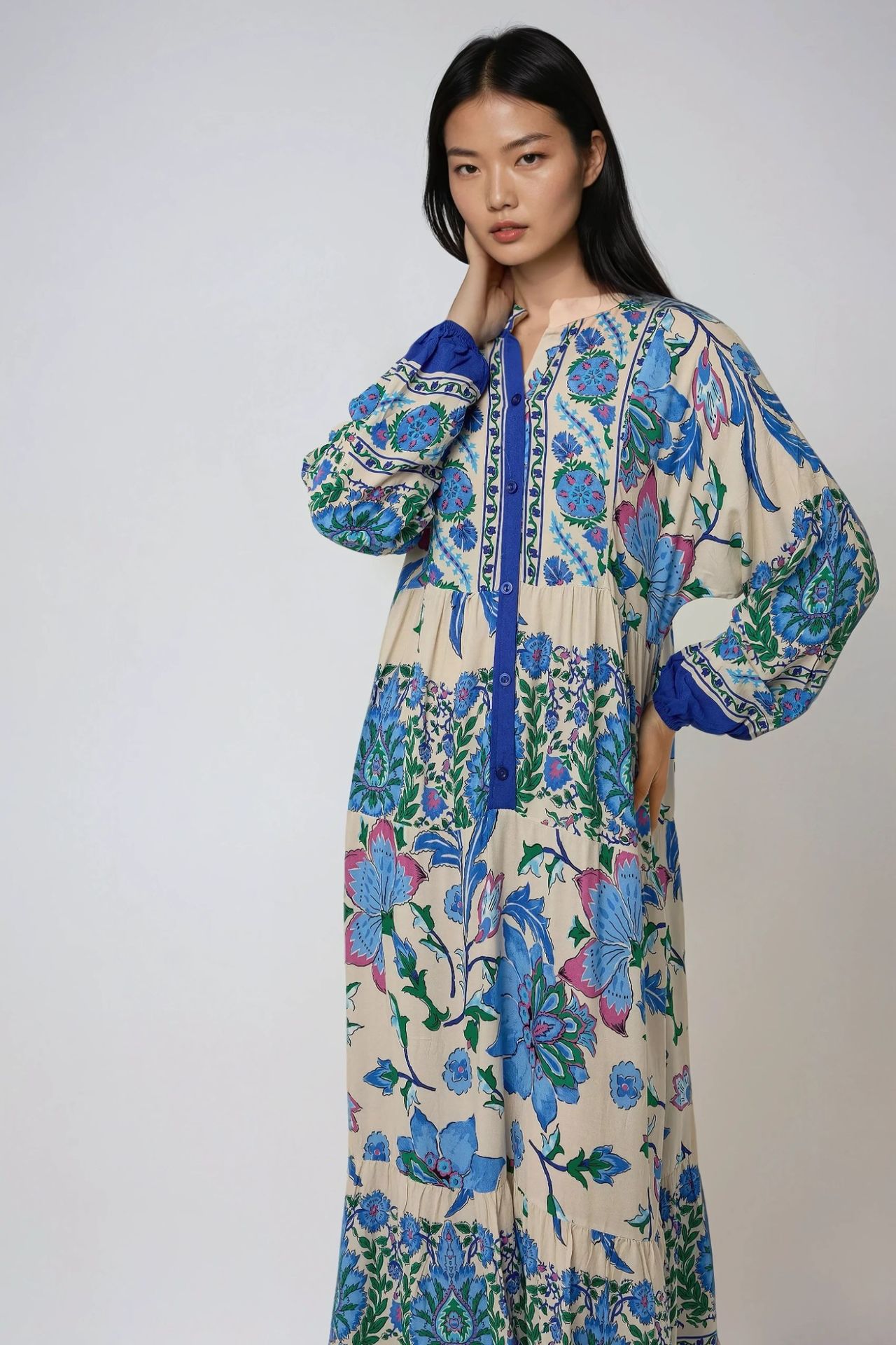 Patterned Maxi Dress with Shirt Collar