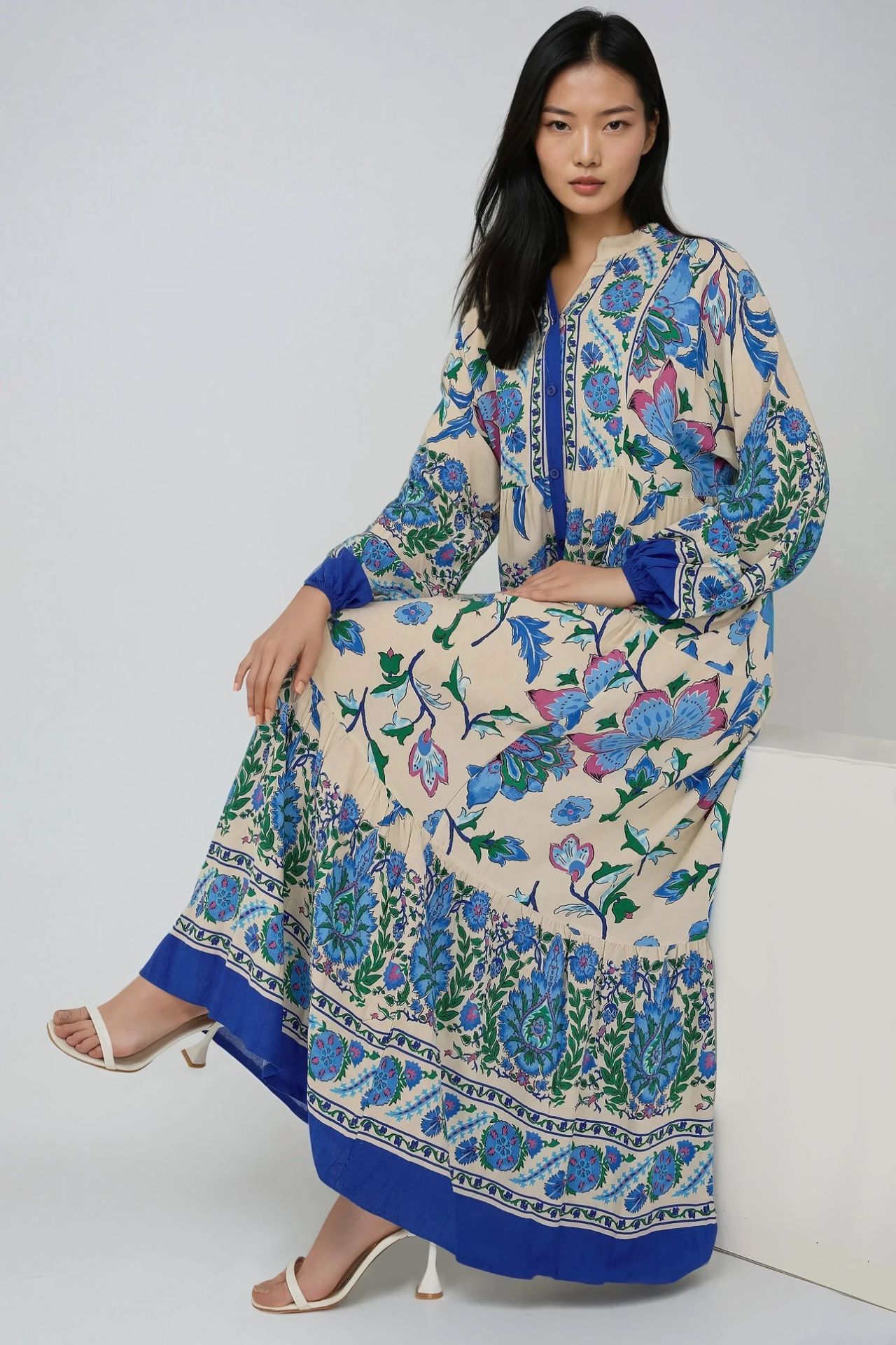 Patterned Maxi Dress with Shirt Collar