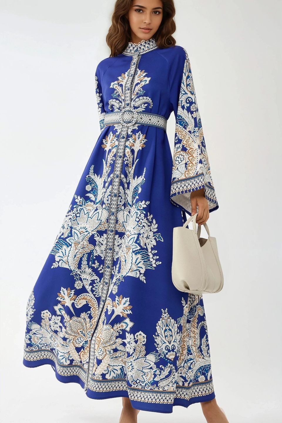 Printed Crew Neck Maxi Dress with Belt