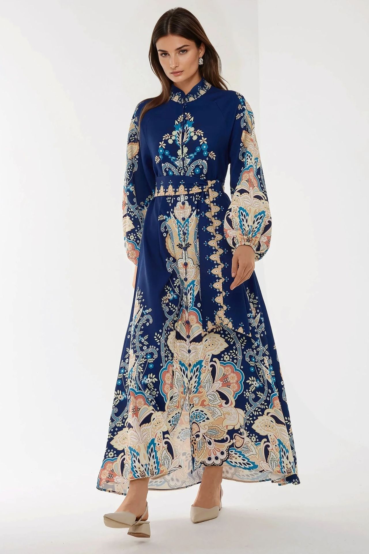 Printed Long Sleeve Maxi Dress with Belt