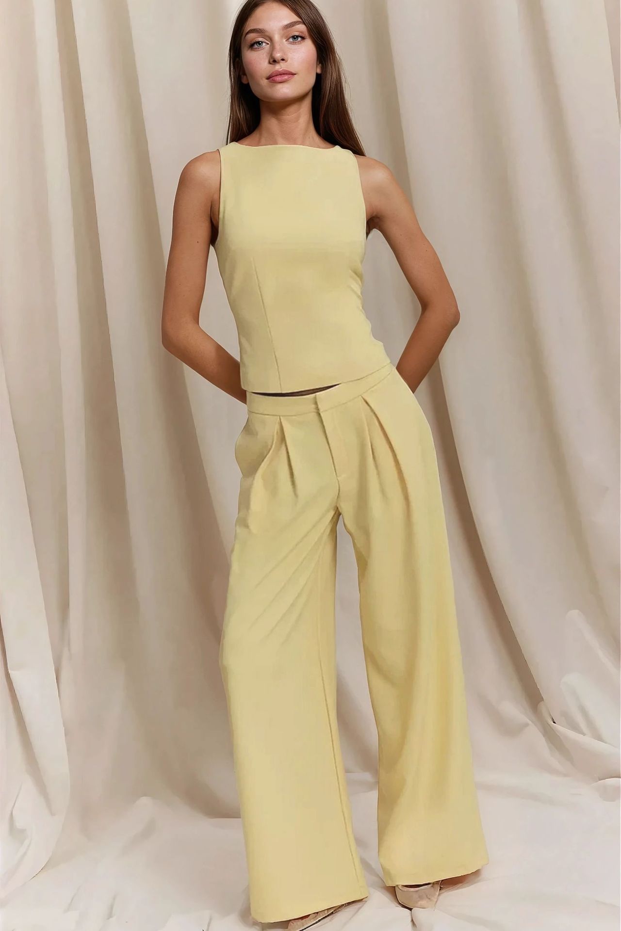 Pleated Wide Leg Long Pants