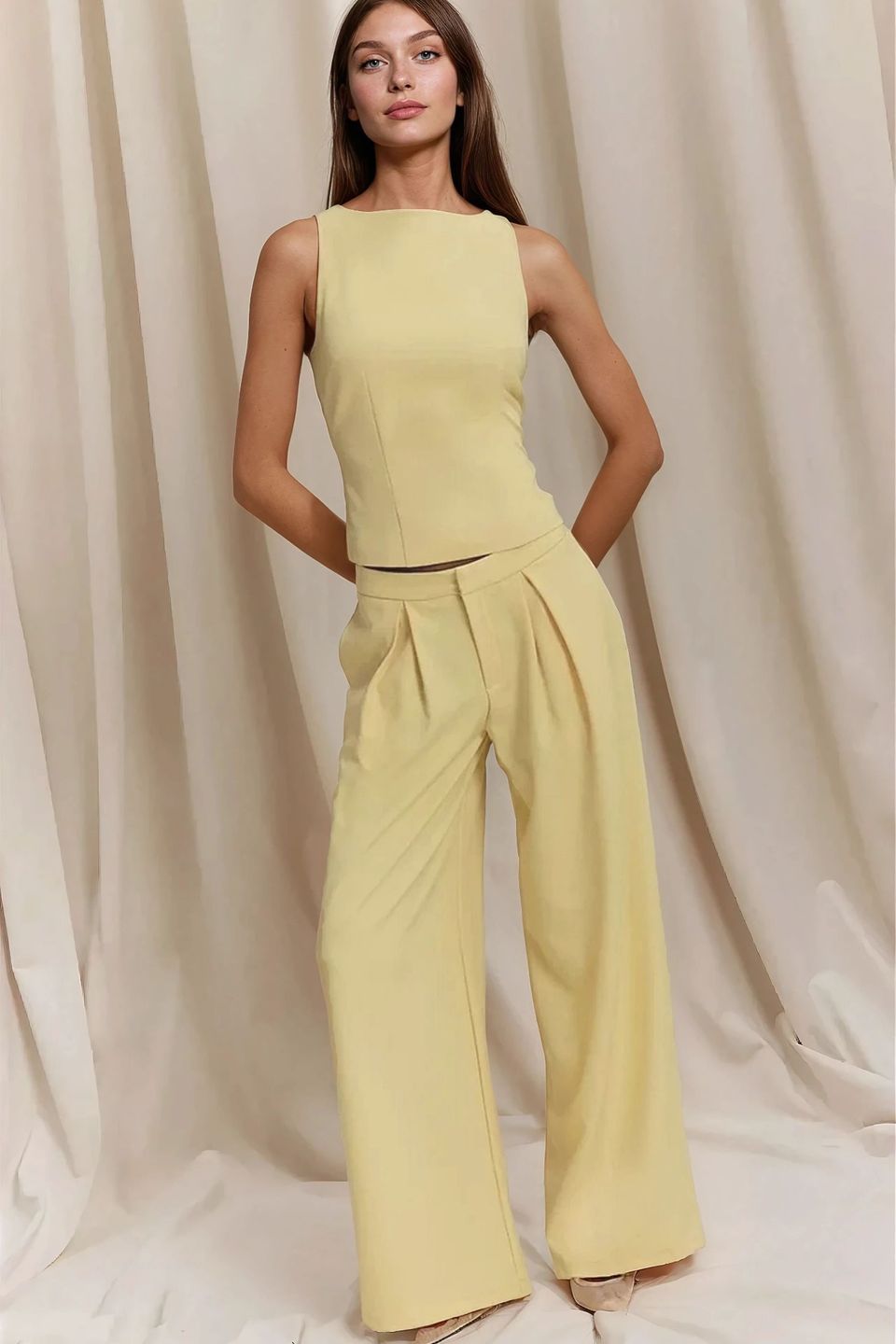 Pleated Wide Leg Long Pants