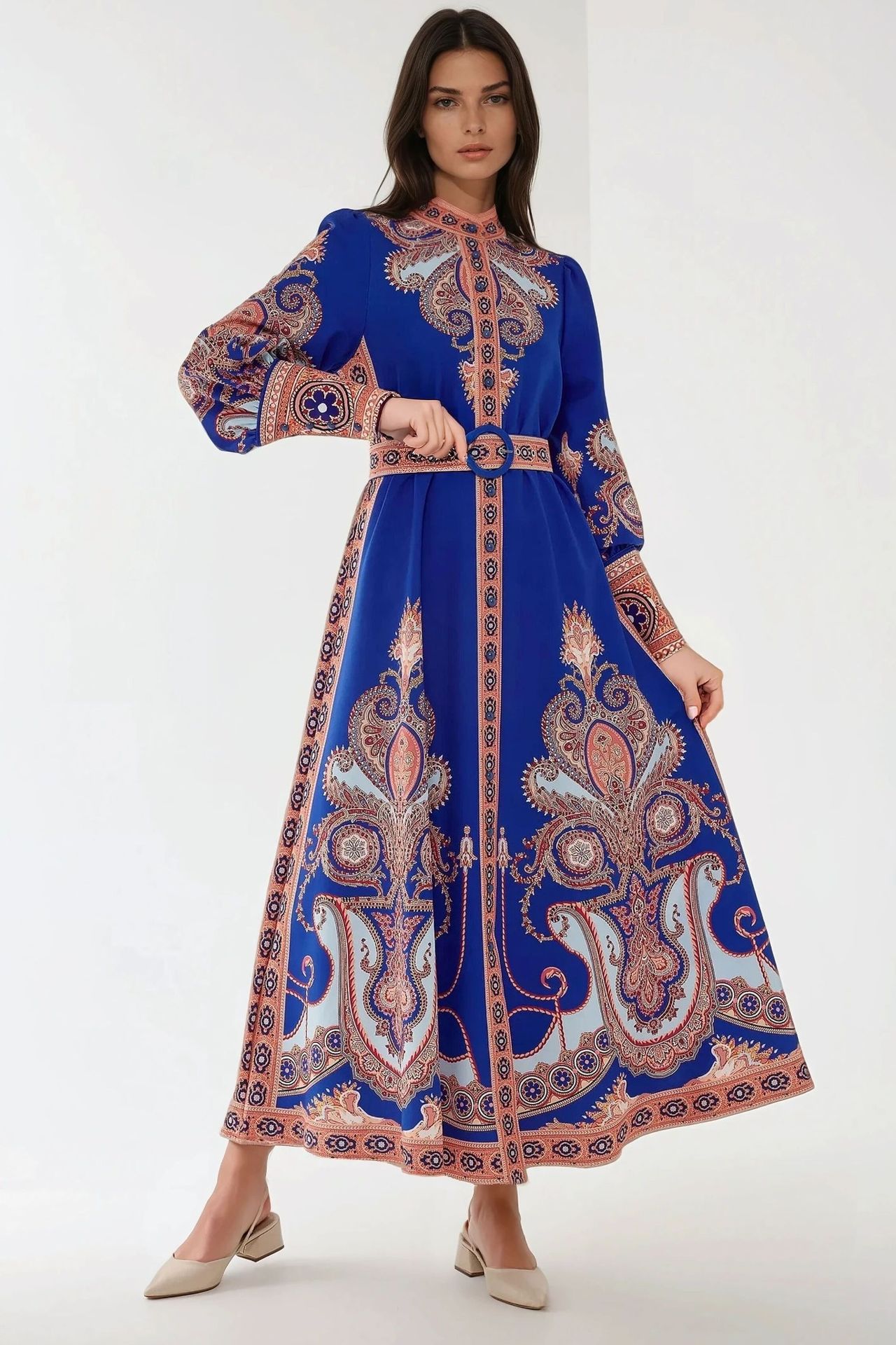 Printed Long Sleeve Maxi Dress with Belt