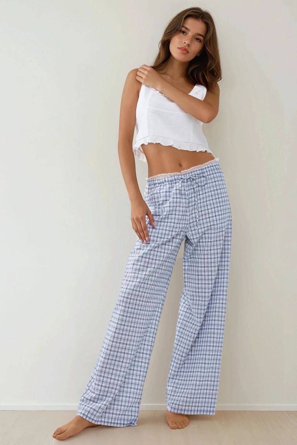 Plaid Long Lounge Bottoms with Back Heart Detail