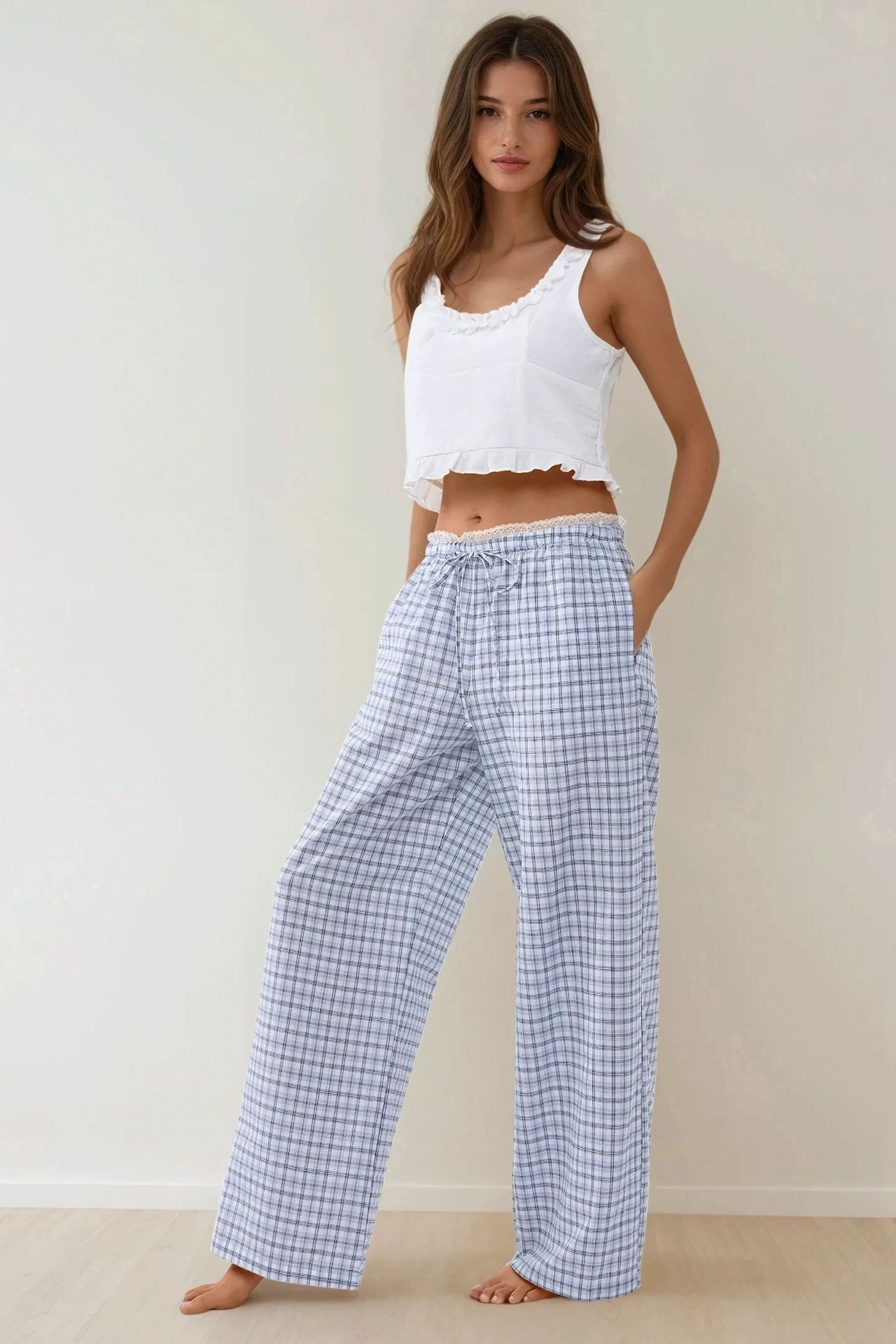 Plaid Long Lounge Bottoms with Back Heart Detail