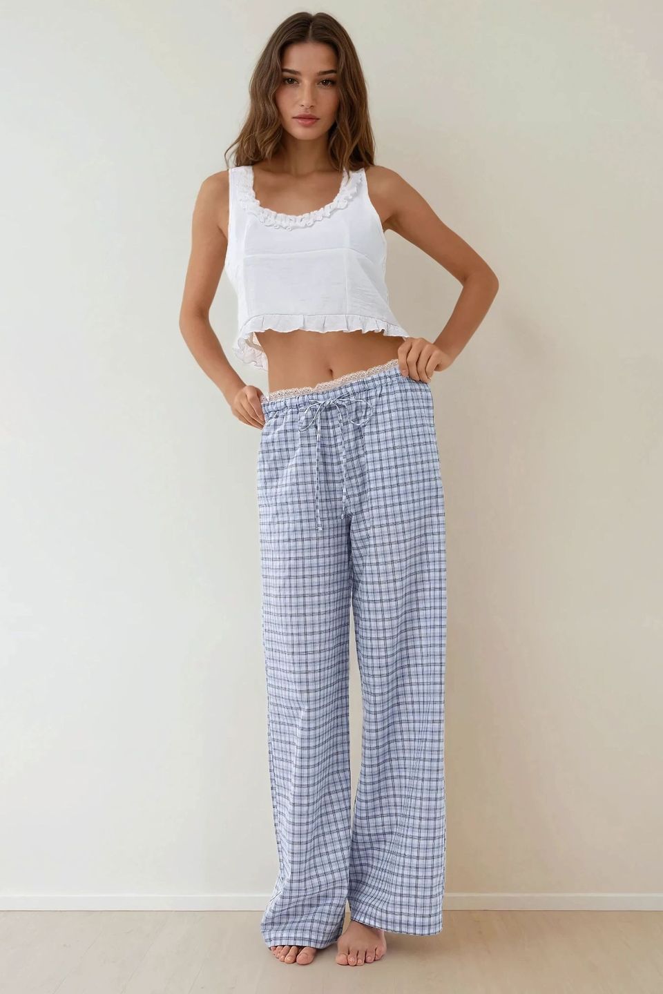 Plaid Long Lounge Bottoms with Back Heart Detail