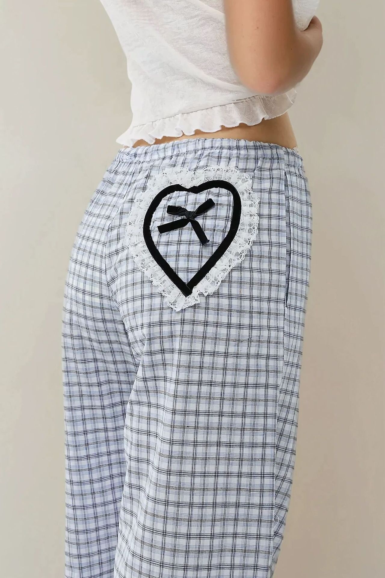 Plaid Long Lounge Bottoms with Back Heart Detail