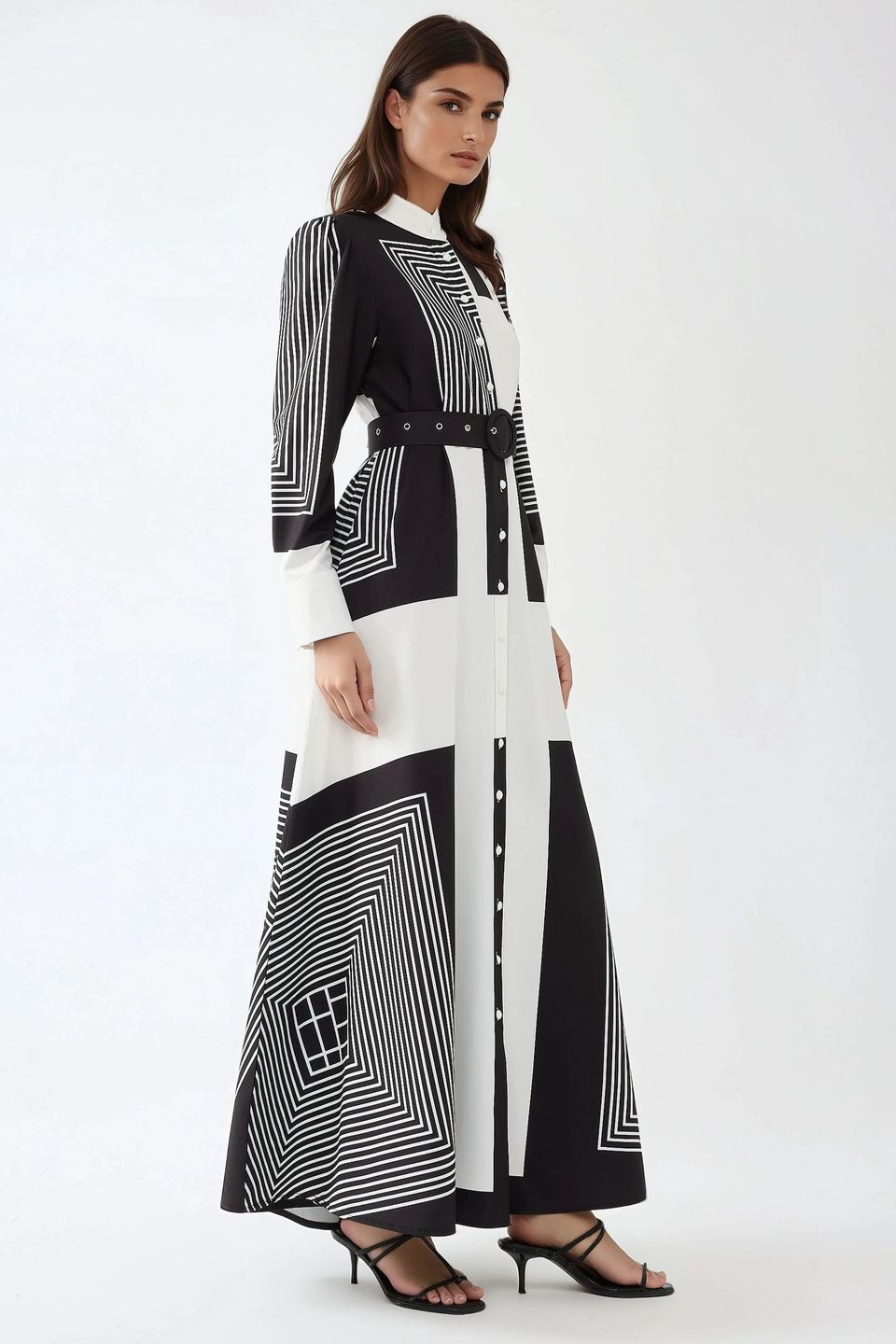 Printed A-Form Maxi Dress with Belt