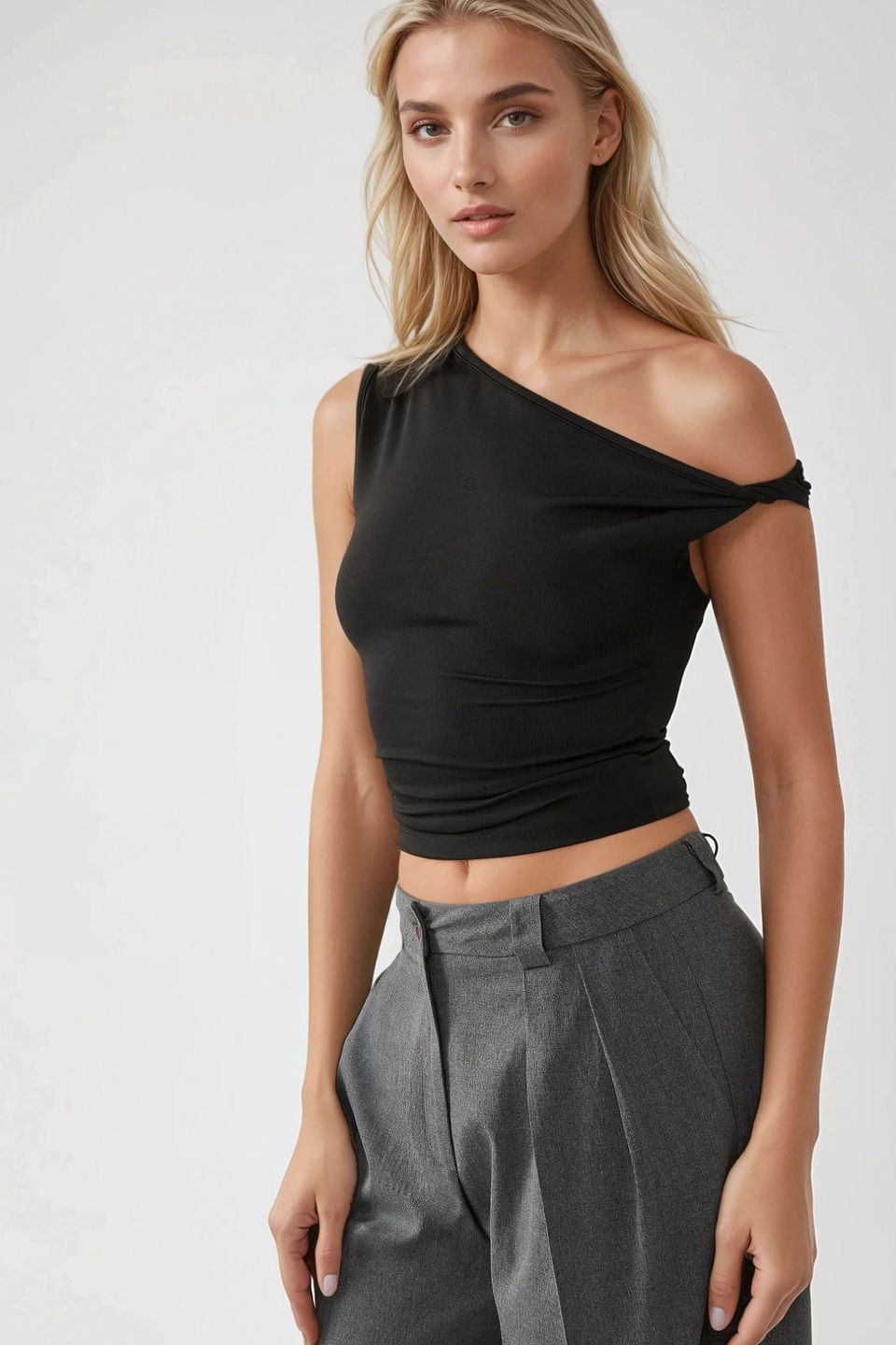 Asymmetrical Neck Off-Shoulder Slim Fit Top